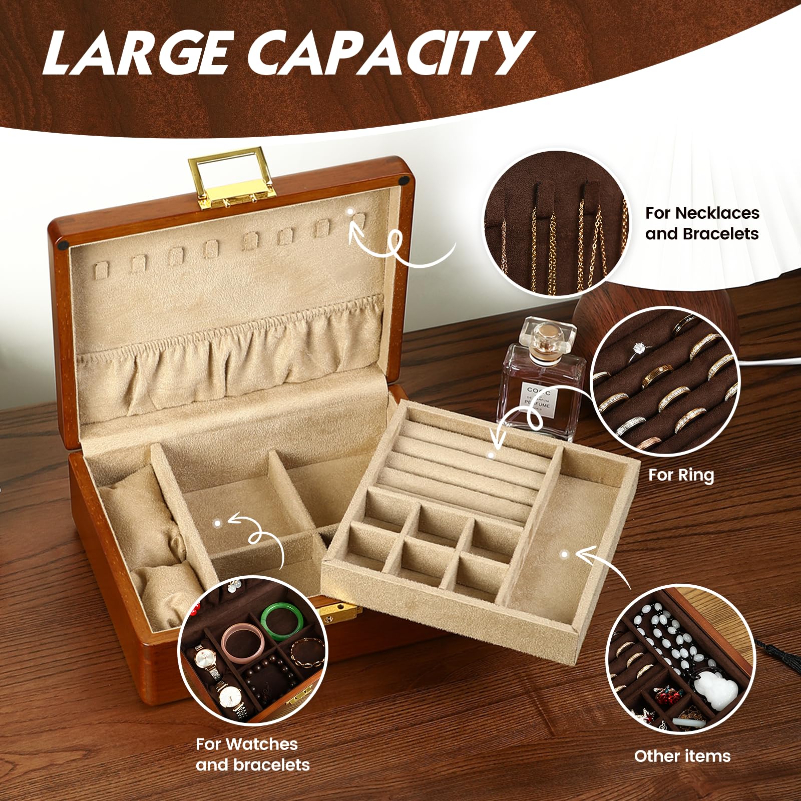 Pudełko na biżuterię z zamkiem, 2-poziomowe solidne drewno orzechowe vintage drewniany organizer na biżuterię dla kobiet mężczyzn aksamitna podszewka na kolczyki, pierścionki, naszyjniki,