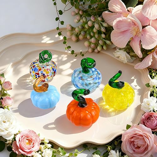 Miniatura 2 de 5 figuras coleccionables de calabaza de vidrio soplado, pequeño adorno de calabaza de cristal para Halloween, Acción de Gracias, otoño, decoración