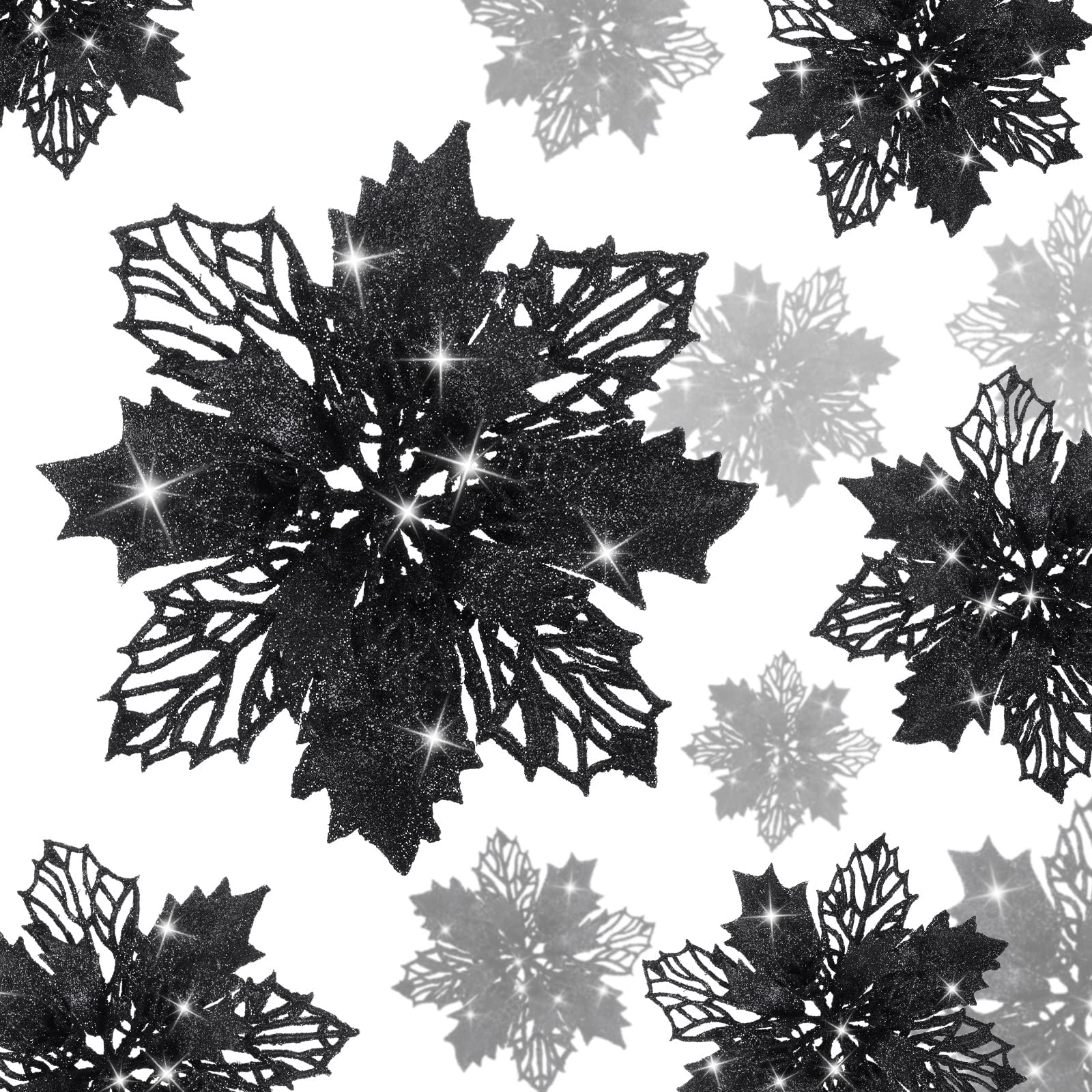 ExceforeChristmas Glitter Poinsettia Flowers 10 Pieces Glitter Christmas Tree Ornaments Artificial Poinsettia Flowers for Wedding Christmas Wreath Tree Decoration (Black)