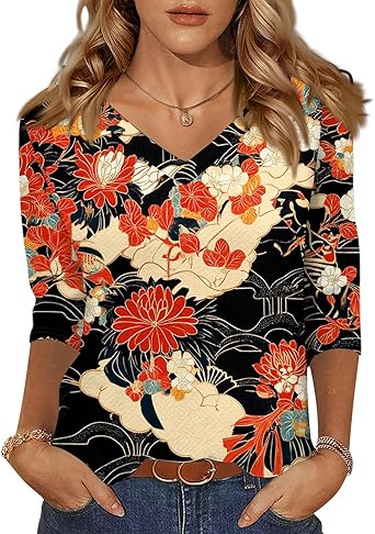 HTHLVMD Womens 3/4 Length Sleeve Tunic Tops Summer Fall Outfits 2025 Three Quarter Sleeve Casual V Neck T Shirts for Women