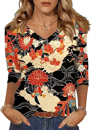 HTHLVMD Womens 3/4 Length Sleeve Tunic Tops Summer Fall Outfits 2025 Three Quarter Sleeve Casual V Neck T Shirts for Women