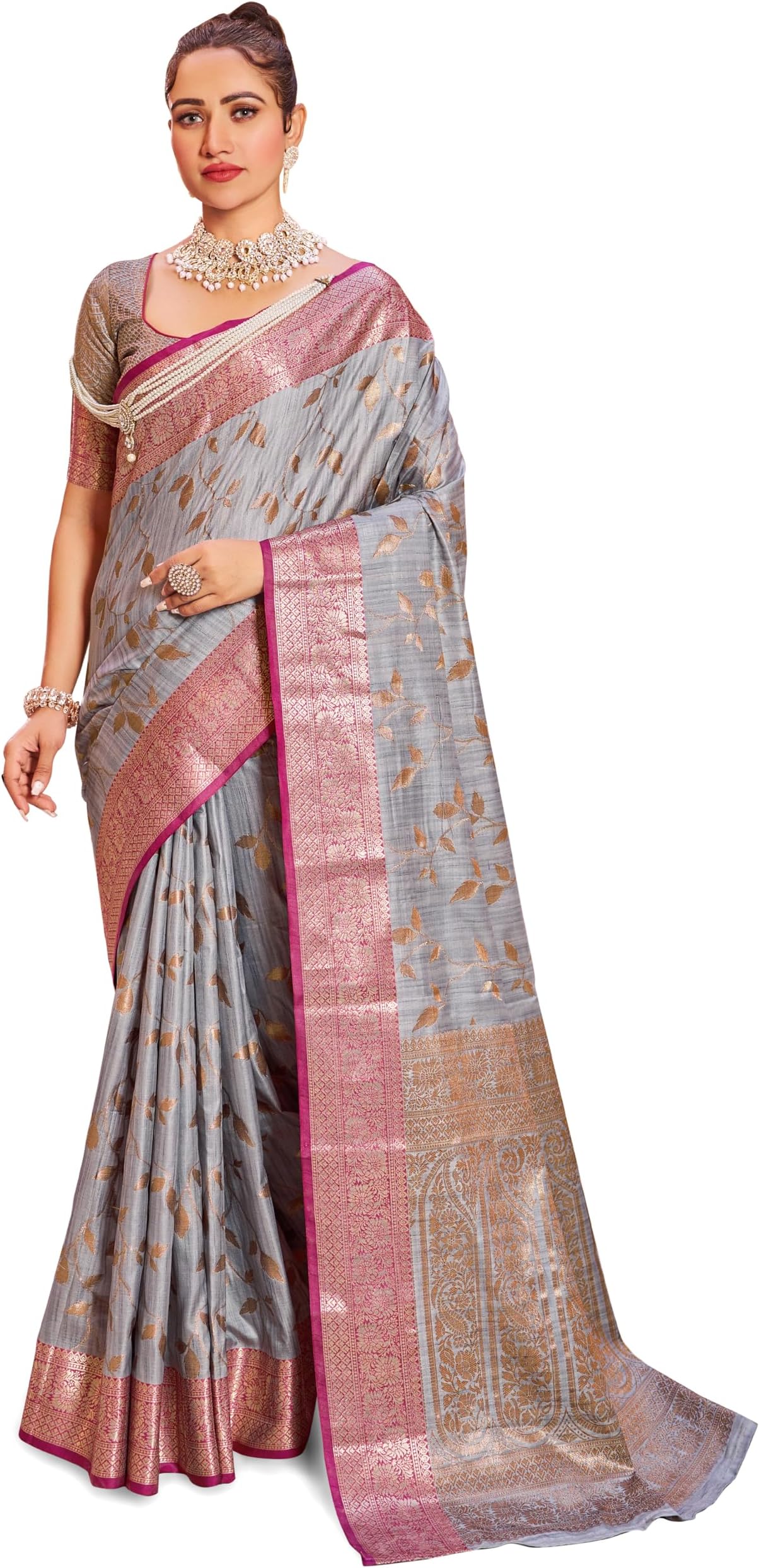 SWORNOFWomen's cotton leaves Saree With Unstitched Boluse Piece