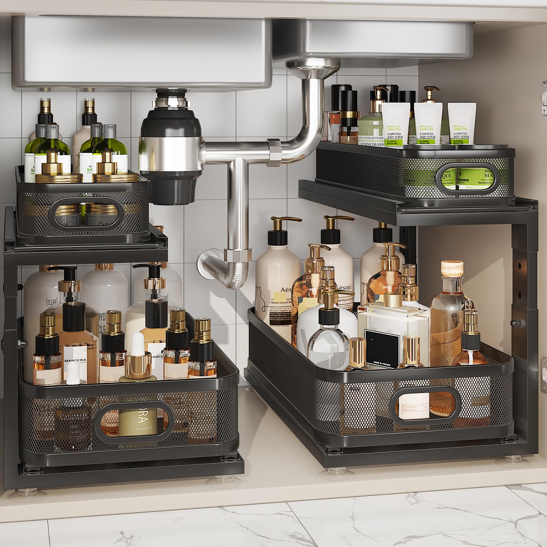 2 Pack 18.5IN-Depth Under Sink Organizer With Next-Gen Ball-Bearing Slides,2-Tier Precision Mesh Pull Out Cabinet Storage for Bathroom&amp;Kitchen,Height Adjustable Drawers Shelf,Anti-rust-Black