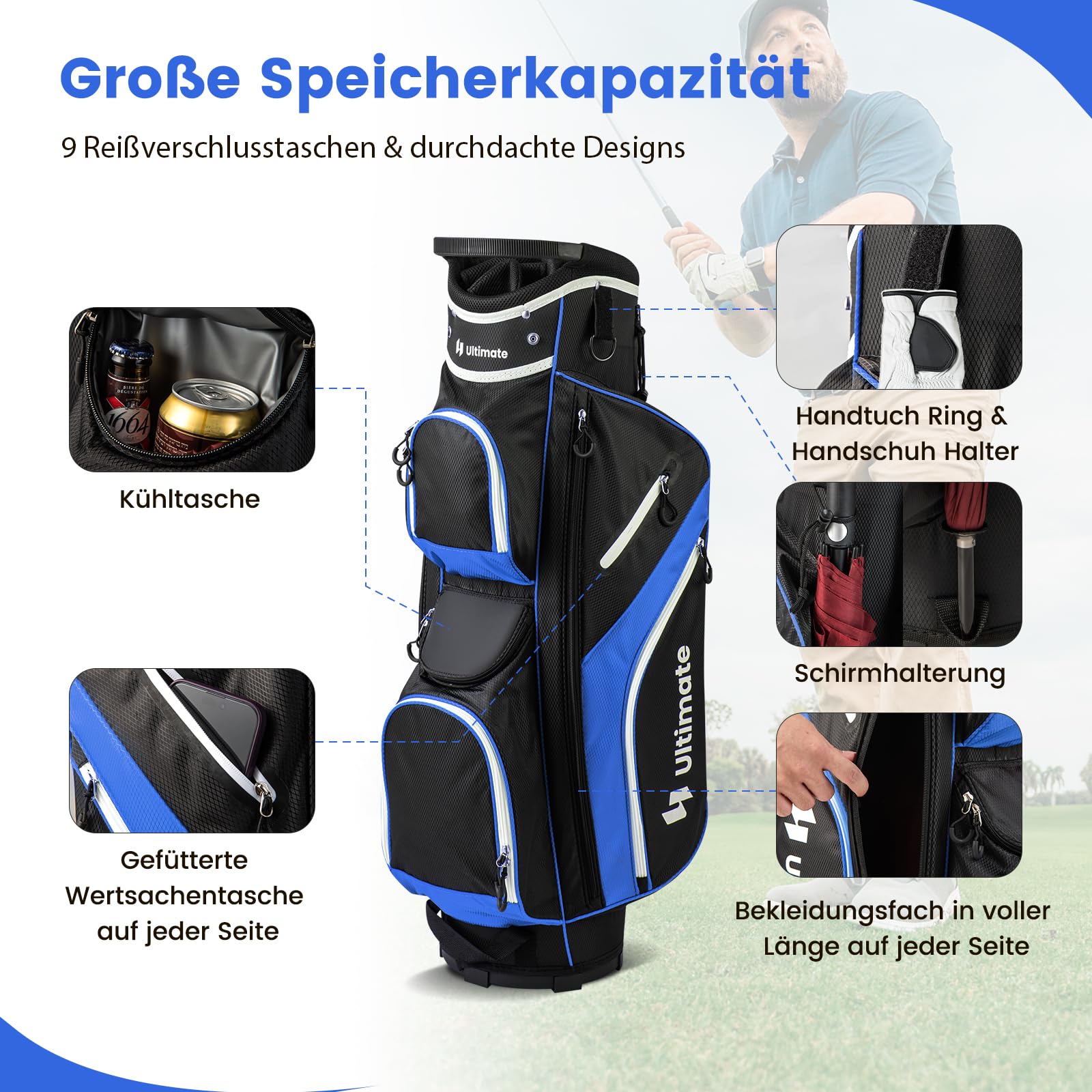 COSTWAY Golfbag leicht, tragbares Golf Cart Bag mit 14 er Unterteilung, Golftasche wasserabweisend mit Regenhaube, 9 Taschen, Kühltasche & Schirmhalter, Caddybag für Herren & Damen
