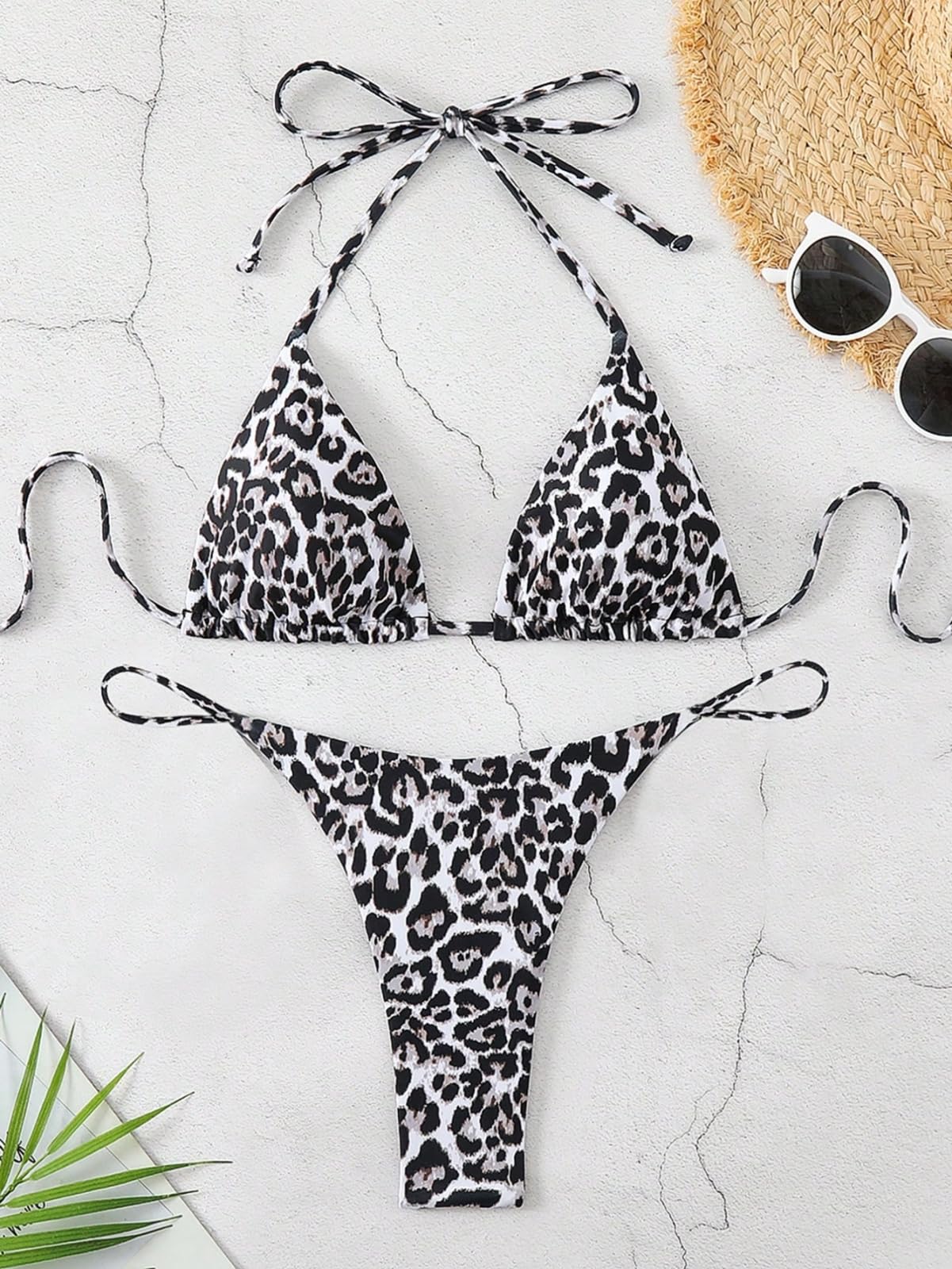 Bikini Mujer Mujeres Leopardo Impresión Conjunto De Dos Piezas Traje Baño Corbata Lateral Ropa Playa-XS（Old）-Black