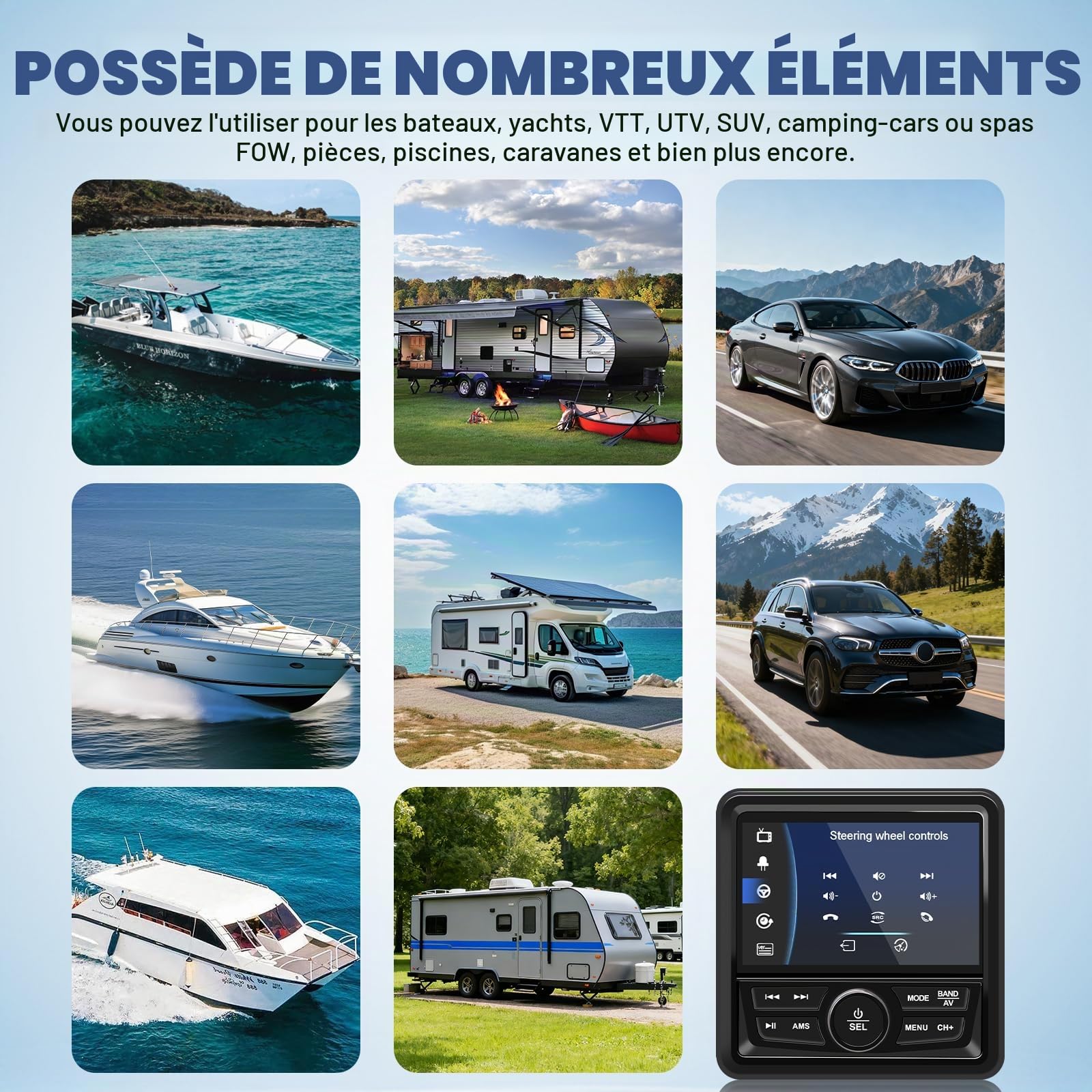 Stéréo Bateau MP5 Lecteur Multimédia Marin, Écran Tactile HD 4,1 Pouces, Affichage Cartographique Hors Ligne, Radio Étanche et Récepteur Stéréo Radio pour Bateau