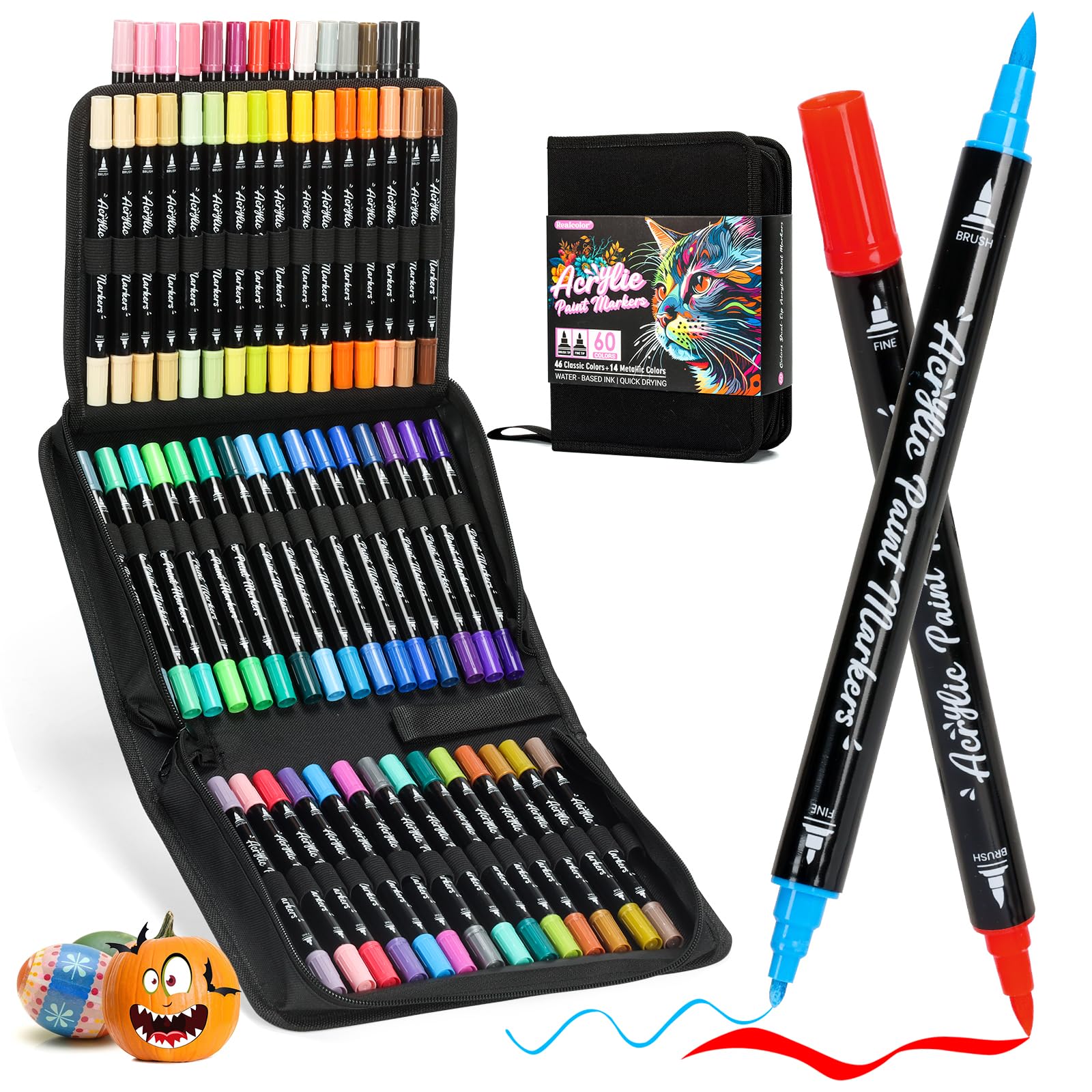 realcolor Acrylstifte für Steine Wasserfest 60 Farben 1-6mm Dual Tip (feine Spitze und Pinsel) Acrylmarker für Rock Painting, Glas, Kürbis,Papier, Holz, Ei, Leinwand, Keramik, Stoff, DIY Crafts