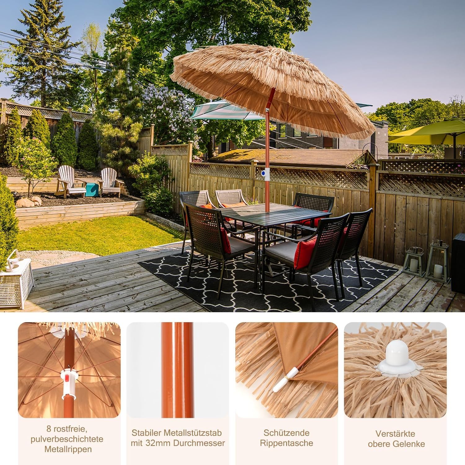 FANTASK Sonnenschirm Hawaii, Gartenschirm höhenverstellbar,Strandschirm Stroh neigbar, UV-Schutz, Strohschirm, Marktschirm, Terrassenschirm mit Tragetasche für Garten, Strand