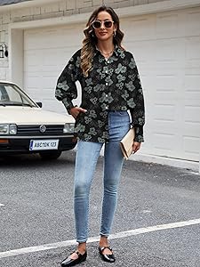 Bellcoco Womens Striped Button Down Shirts Smocked Puff Sleeve Boyfriend Blouse Collar Oversized Work Tops with Pocket