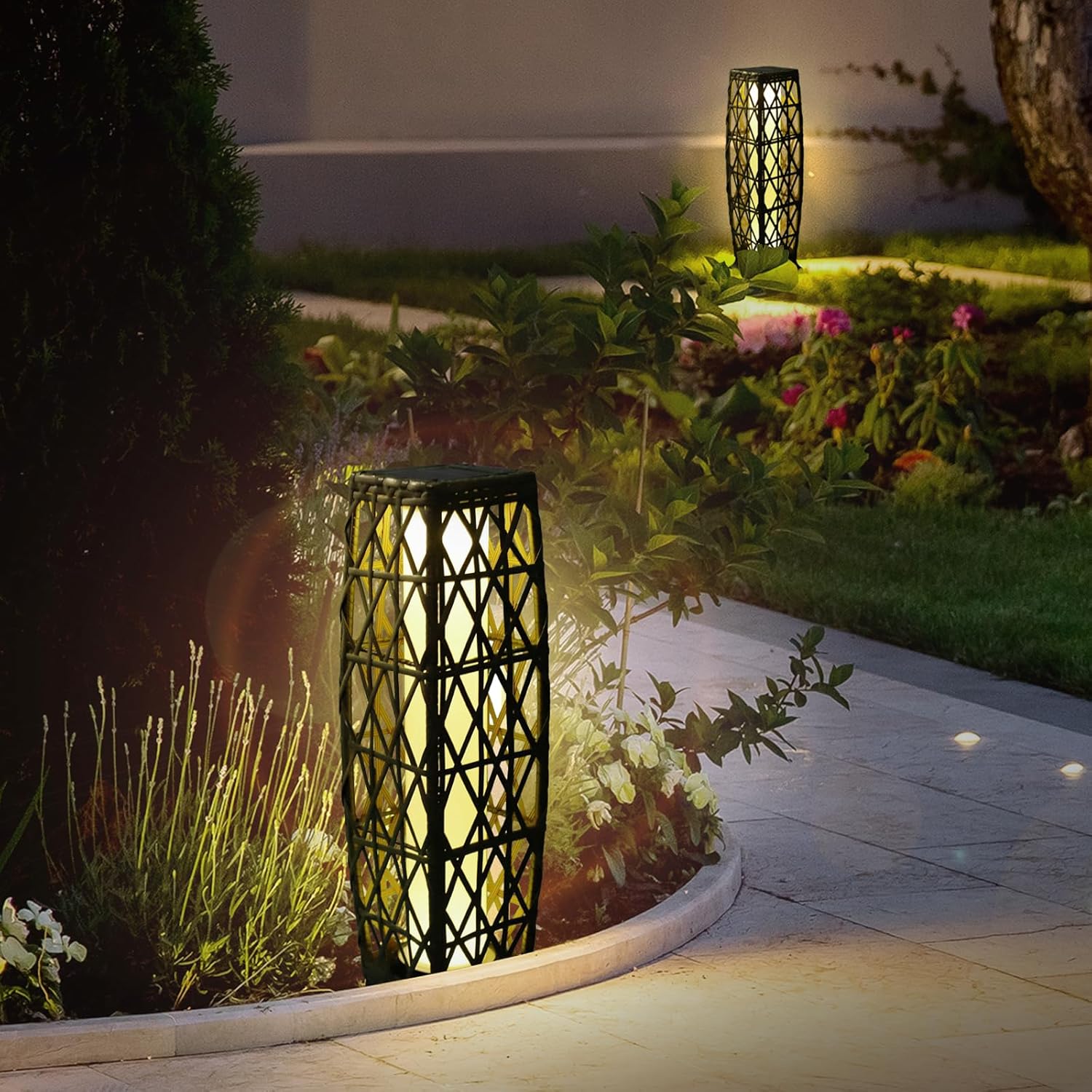 Solar Powered Outdoor Floor, 2 Piece Outdoor Floor Lamps, Solar Lanterns Waterproof, Resin Wicker Weather-Resistant Rattan Deck Light for Patio, Lawn, Porch, Garden