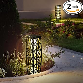 Solar Powered Outdoor Floor, 2 Piece Outdoor Floor Lamps, Solar Lanterns Waterproof, Resin Wicker Weather-Resistant Rattan Deck Light for Patio, Lawn, Porch, Garden