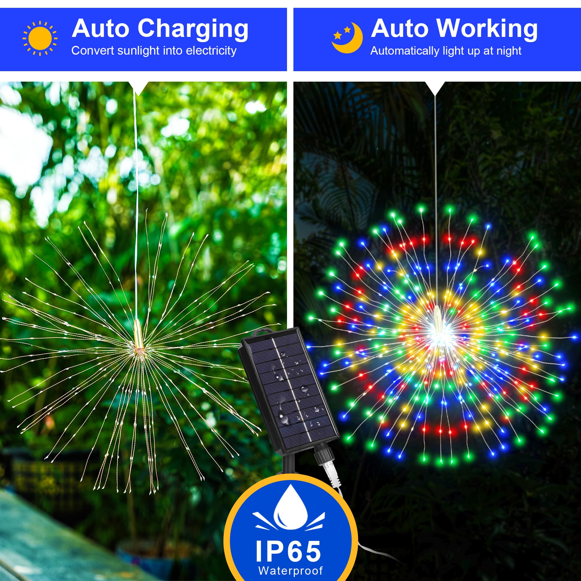 Solar-Feuerwerk-Hängeleuchte, 3-in-1, 600 LEDs, Weihnachtslicht für den Außenbereich, mit USB, wiederaufladbar, 8 Modi, wasserdicht, Solar-Lichterkette für Pavillon, Hof, Party, Hochzeit, Dekorationen