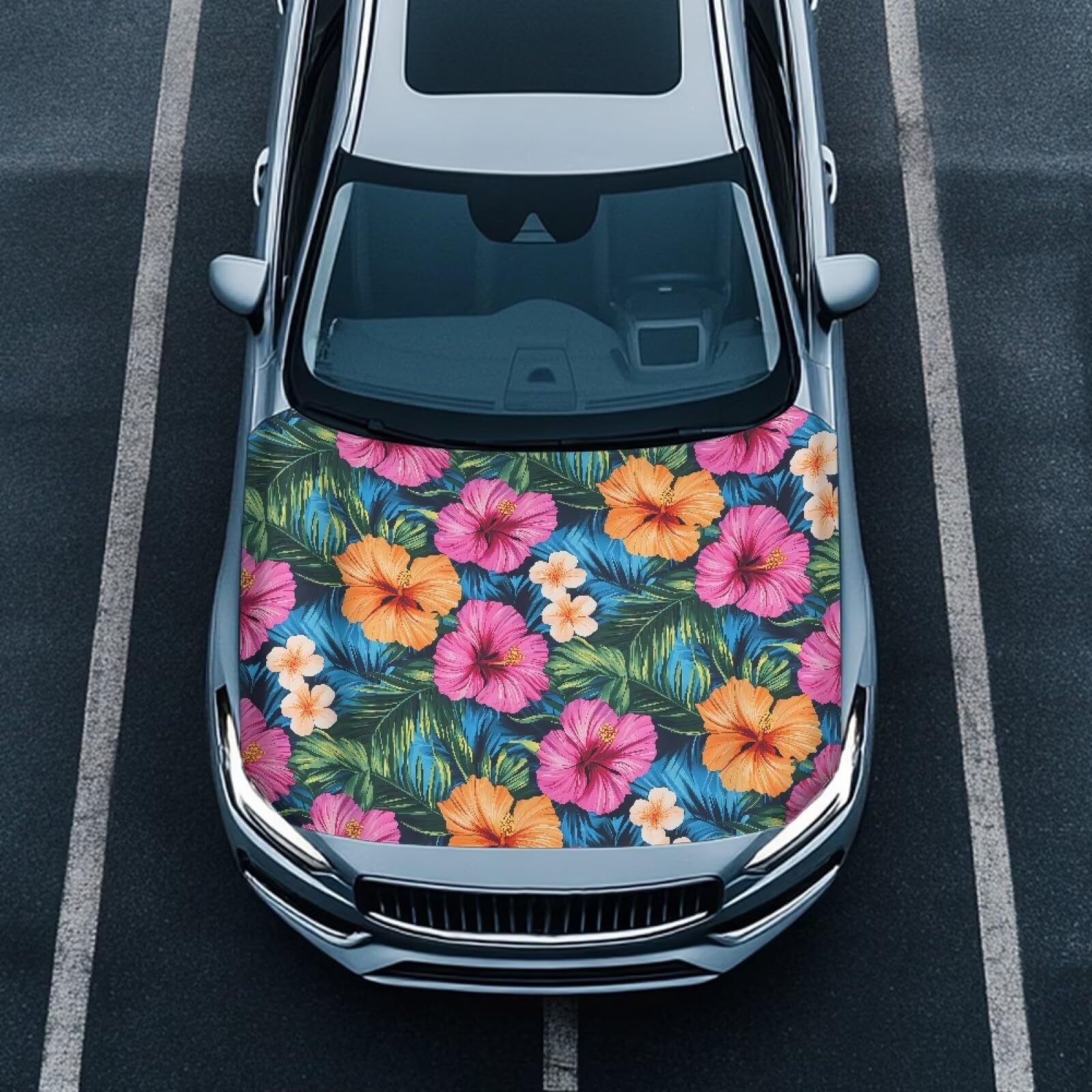 Colorful Hibiscus Flowers Leaves Car Hood Cover, Car Bonnet Banner, Universal Fit, Elastic Polyester, Stretchable, Waterproof Automotive Hood Covers,Car Accessories