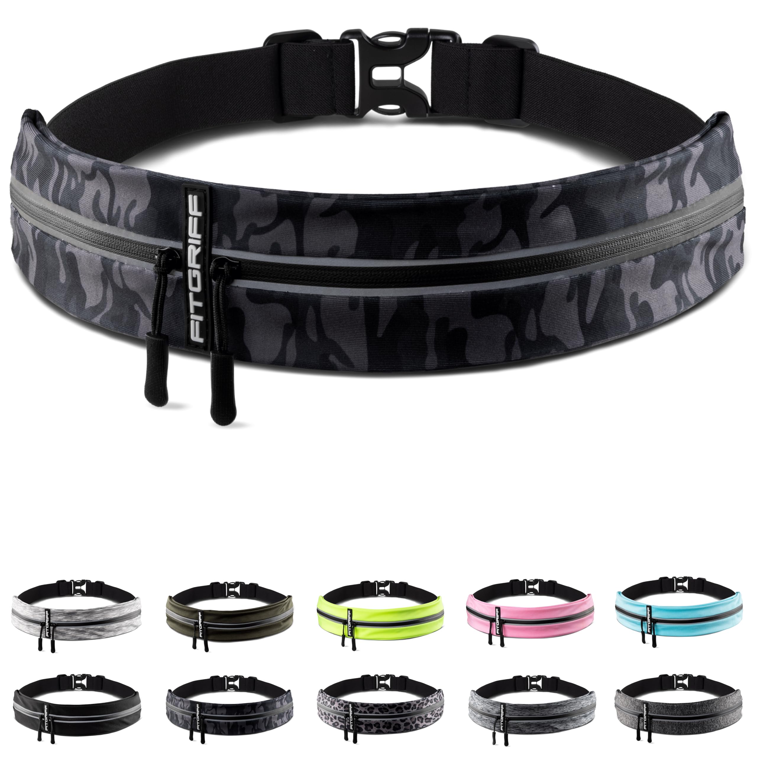 Fitgriff® Running Belt for Men & Women - Secure Jogging Pouch for Phone, Keys & Essentials - For All Cell Phones, Camo-Black, Small - Medium, Slim Fit