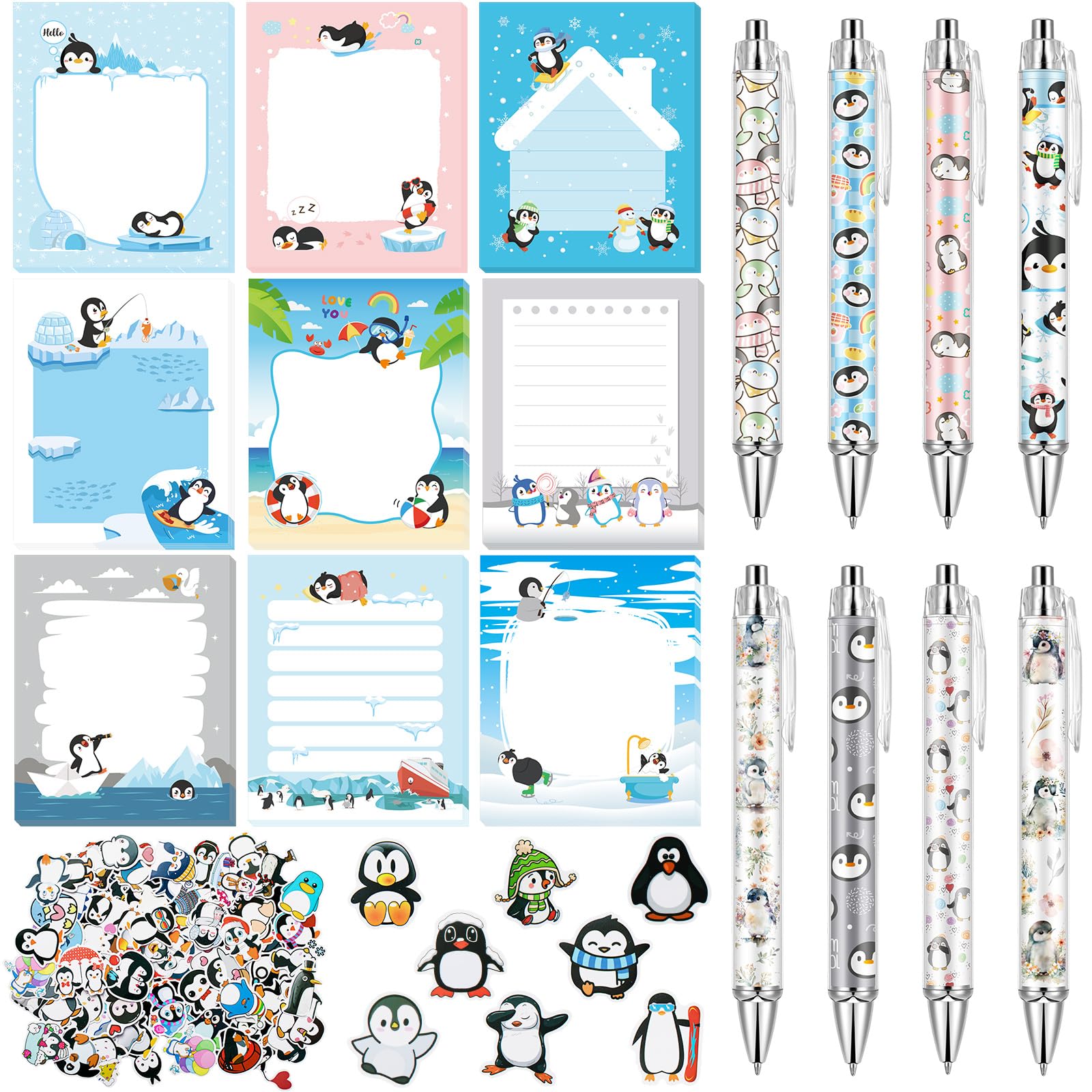 Fuyoooo Pinguin-Geschenke für Frauen, Haftnotizen mit Stiften, Aufklebern, Schulanfang, Pinguin-Schreibwaren-Set, niedliches Tierzubehör, Bürobedarf, Großpackung für Geburtstagspartys, 18 Stück