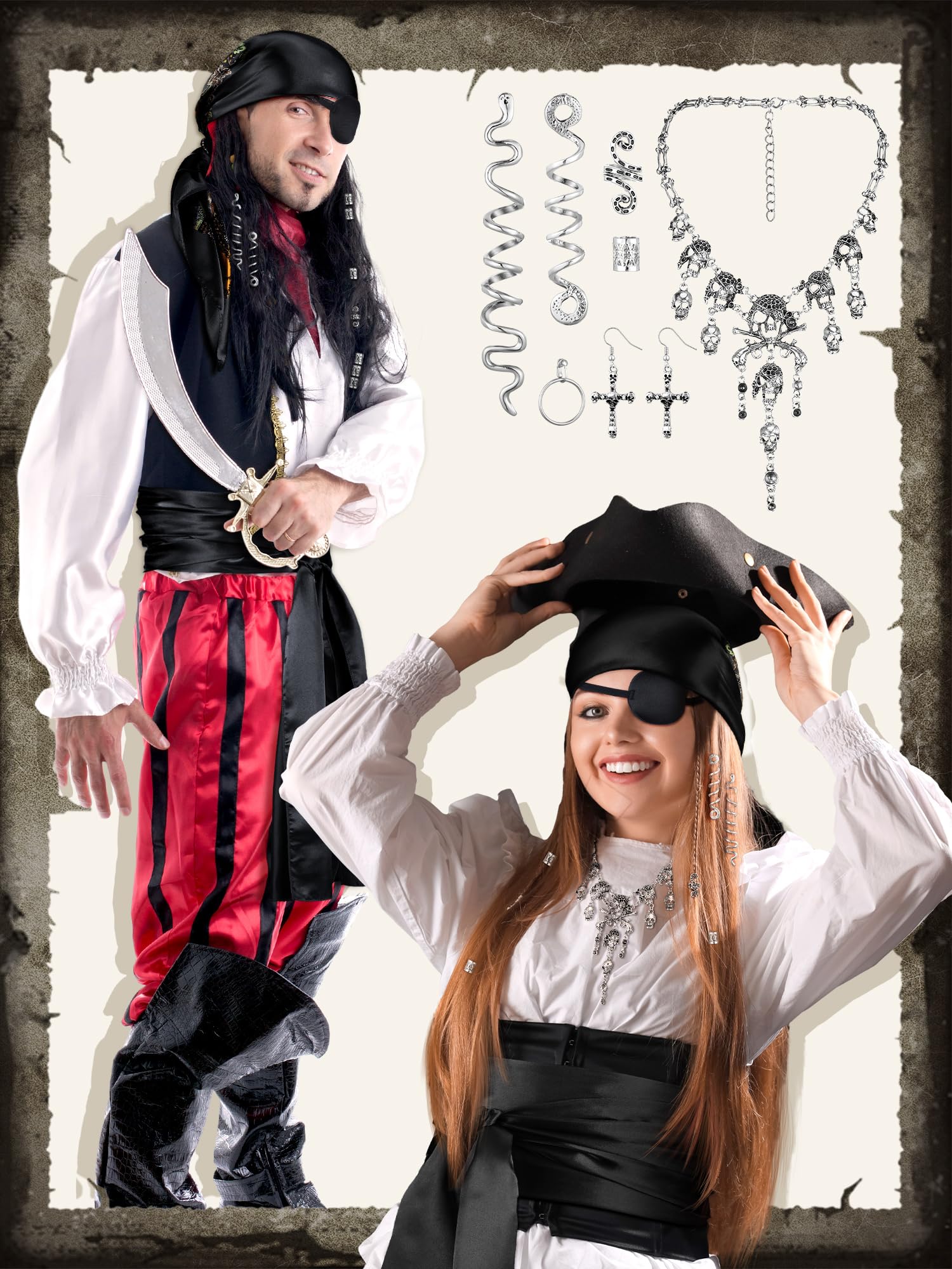 Remuuly Piratenkostüm-Zubehör für Damen, Piratenkopftuch, Schärpe, Gürtel, Augenklappe, Halskette, Ohrringe, Schlangen-Haar-Accessoire, 24 Stück