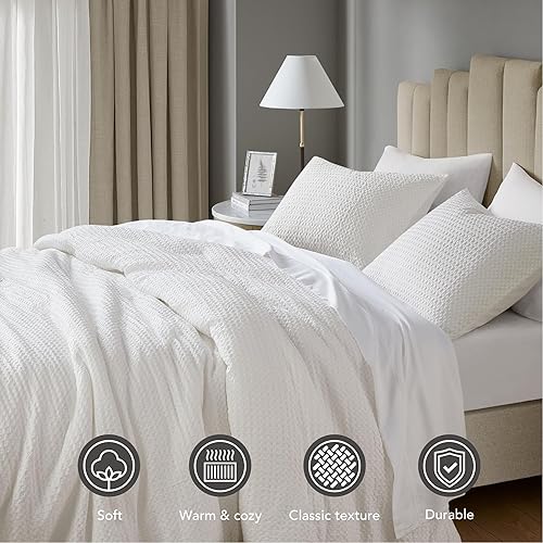 Miniatura 3 de Juego de edredón de tejido de gofre blanco, tamaño Queen, edredón suave con textura neutra, juego de ropa de cama marfil ligero transpirable para