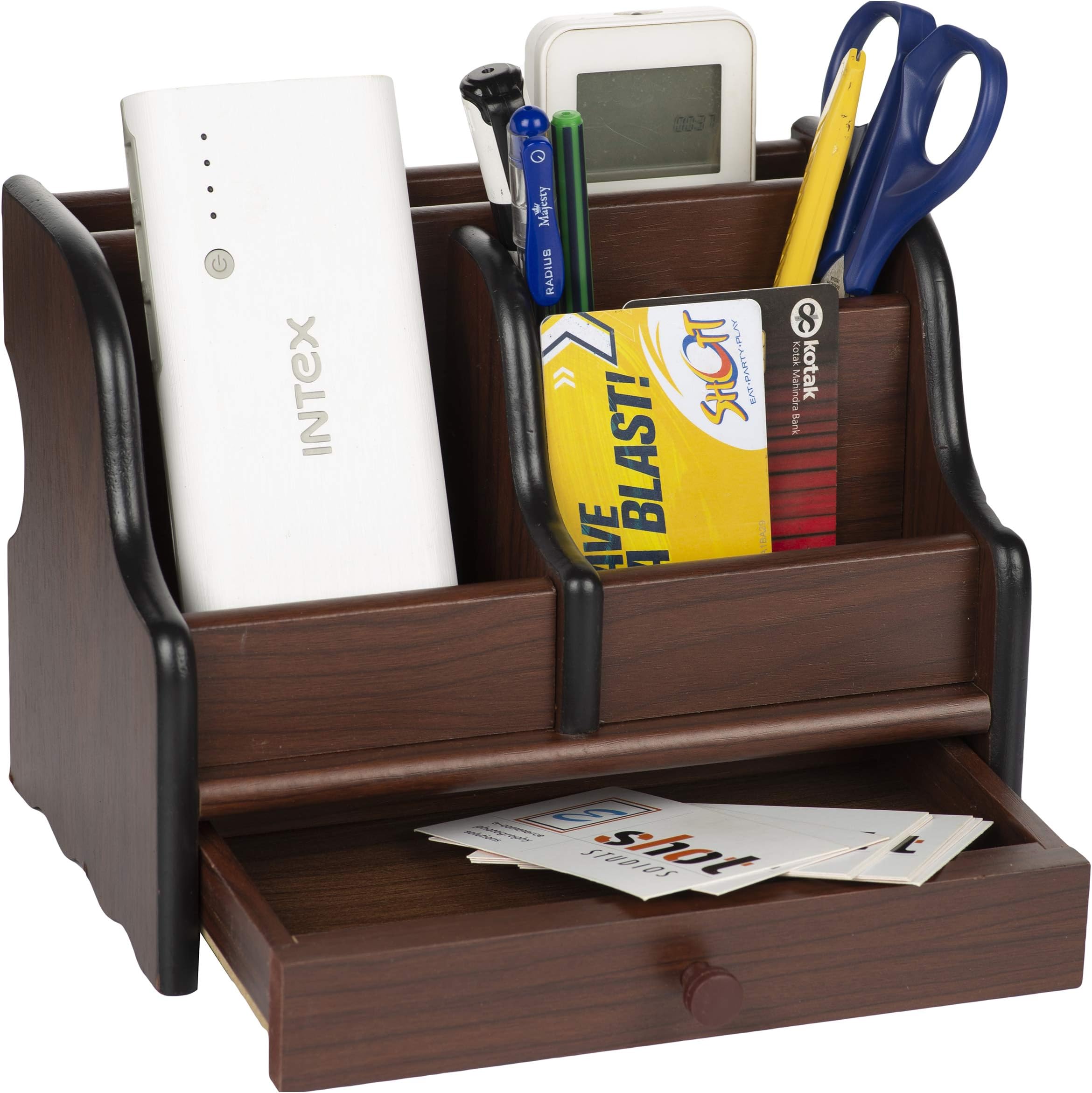Goank Wooden Desk Organizer Pen/Pencil Stand with Drawer, Mobile Holder & Remote Stand for Office Desk/Desktop/Table Storage Organizer Box