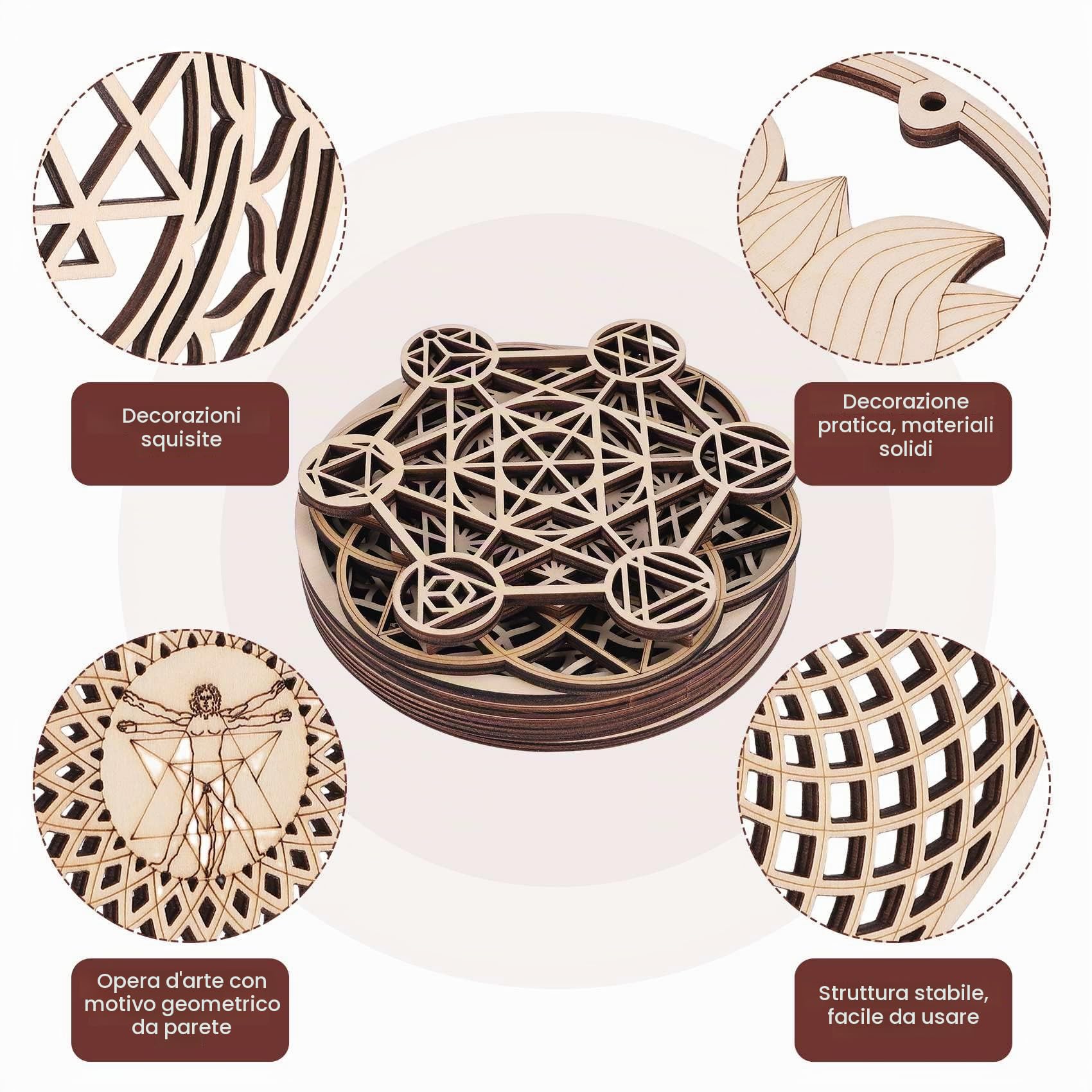 8Pcs DIY Fiore della Vita sottobicchieri in Legno, Mandala Sottobicchieri per Bevande, Geometria Sacra Scultura Wall Arte Dipinti Murali per Yoga Purificazione Meditazione Luminoterapia(14cm)