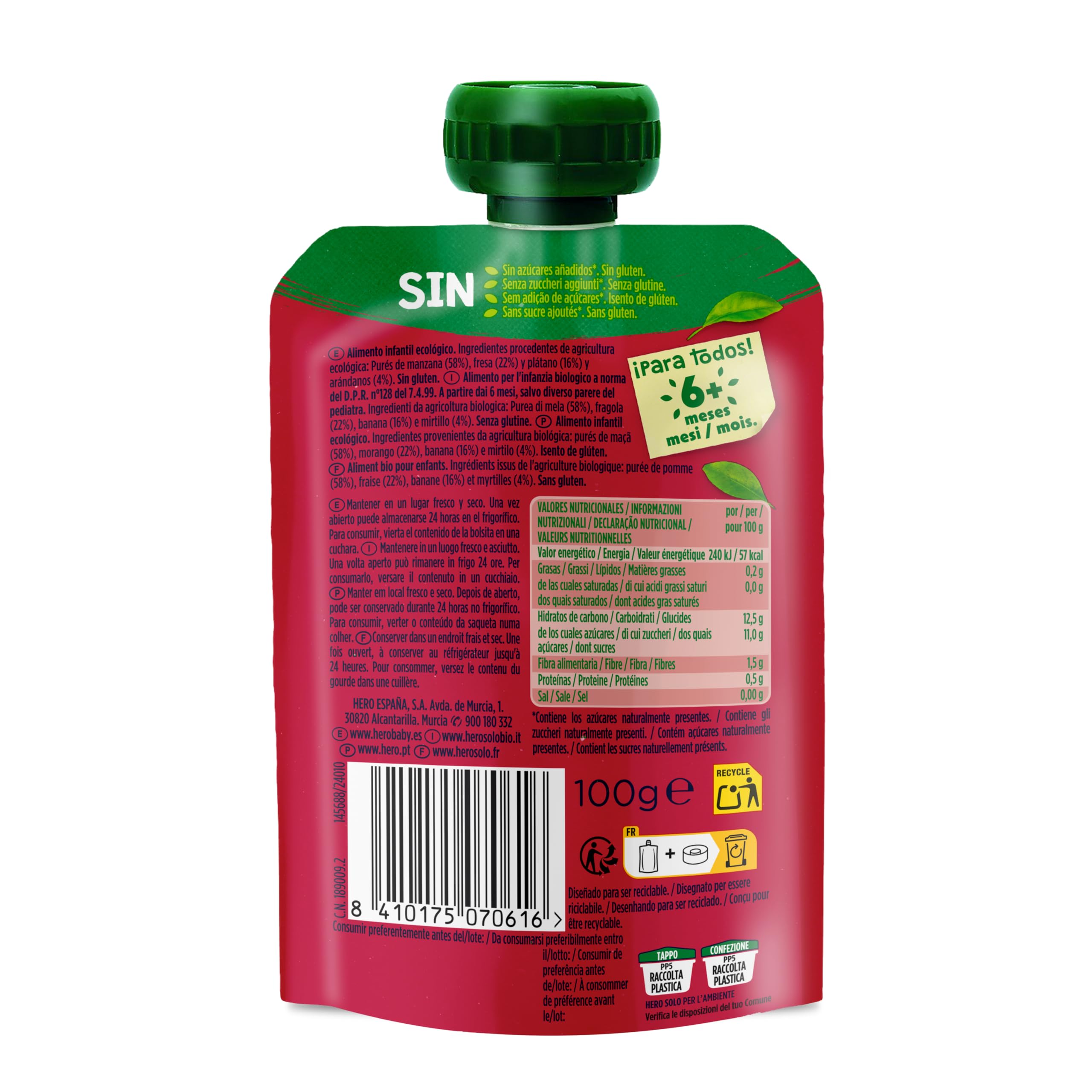 Hero Solo Bolsitas ecológicas de Manzana, Fresa, Plátano y Arándanos BIO para Bebés 100 g