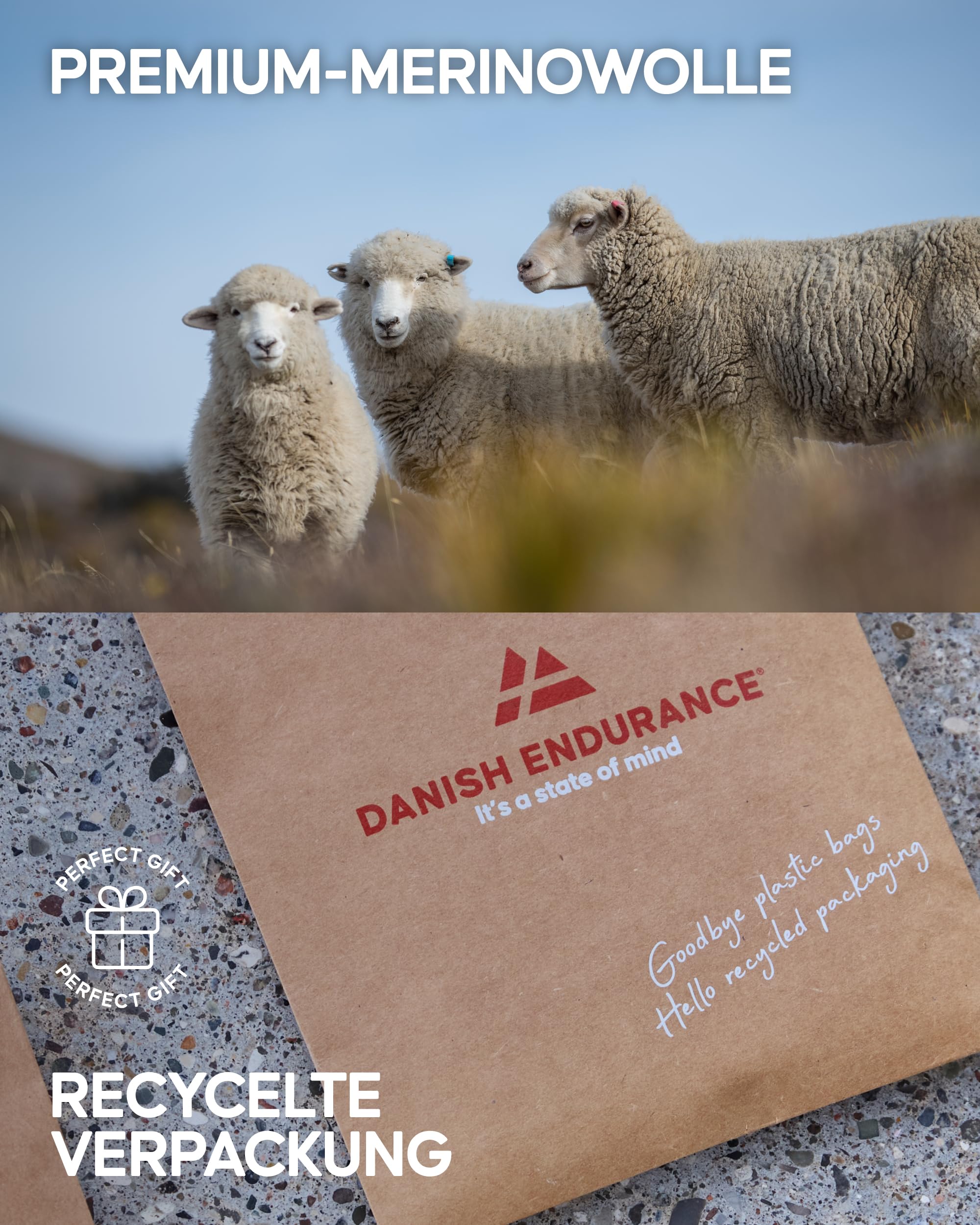 DANISH ENDURANCE Merino Wandersocken Funktionssocken Atmungsaktiv Gepolstert Herren Damen Kinder 3 Paar