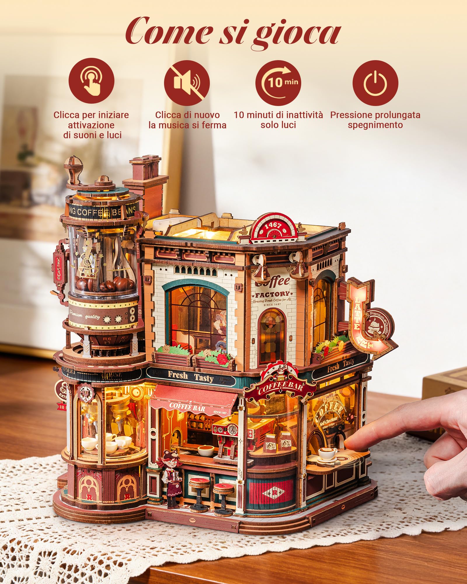 ROKR Dream Coffee Factory EAB02 Casa delle Bambole Miniatura DIY con Carillon per Adulti, Modello Meccanico con Parti Mobili, Luci LED e Musica Jazz, Regalo Creativa