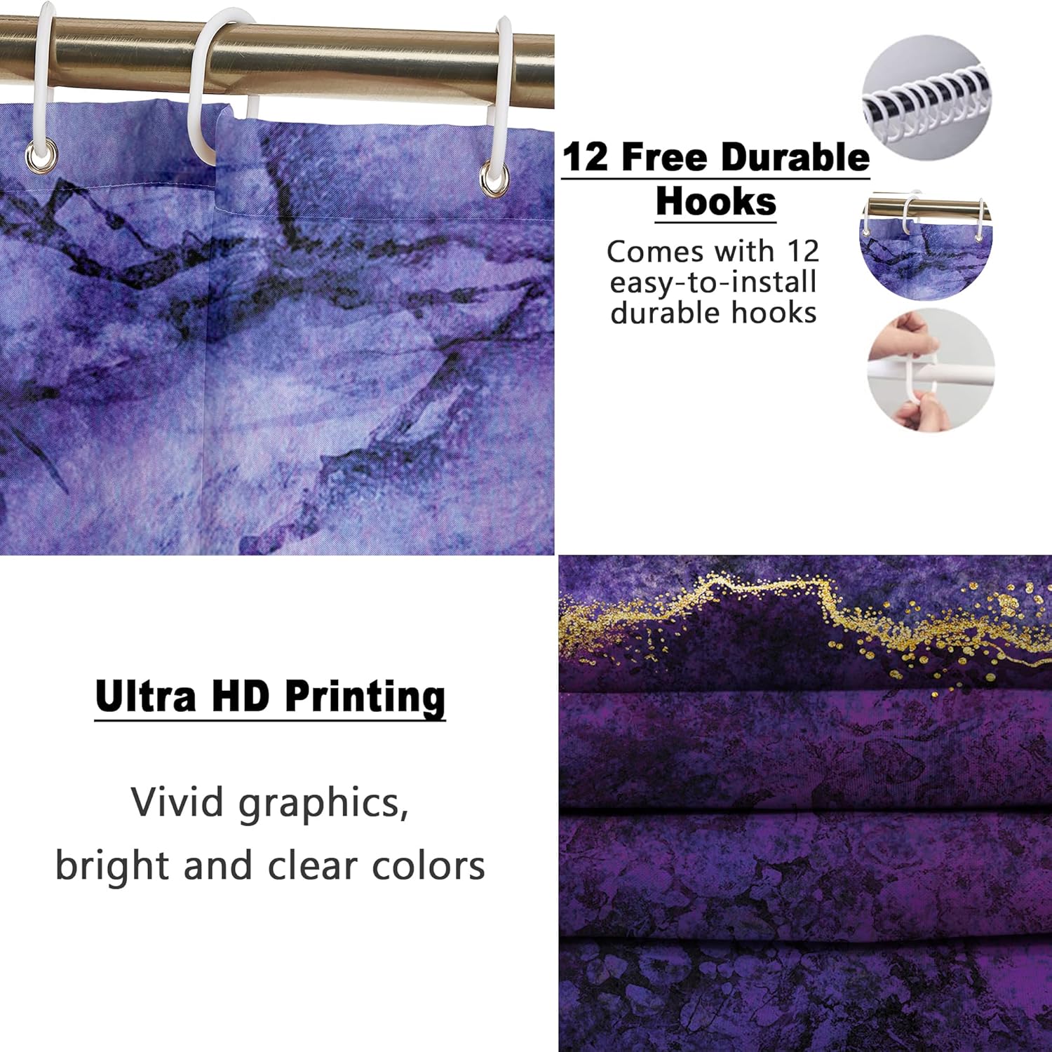 Purple and Gold Marble 4 piece Shower Curtain Set - Image 3