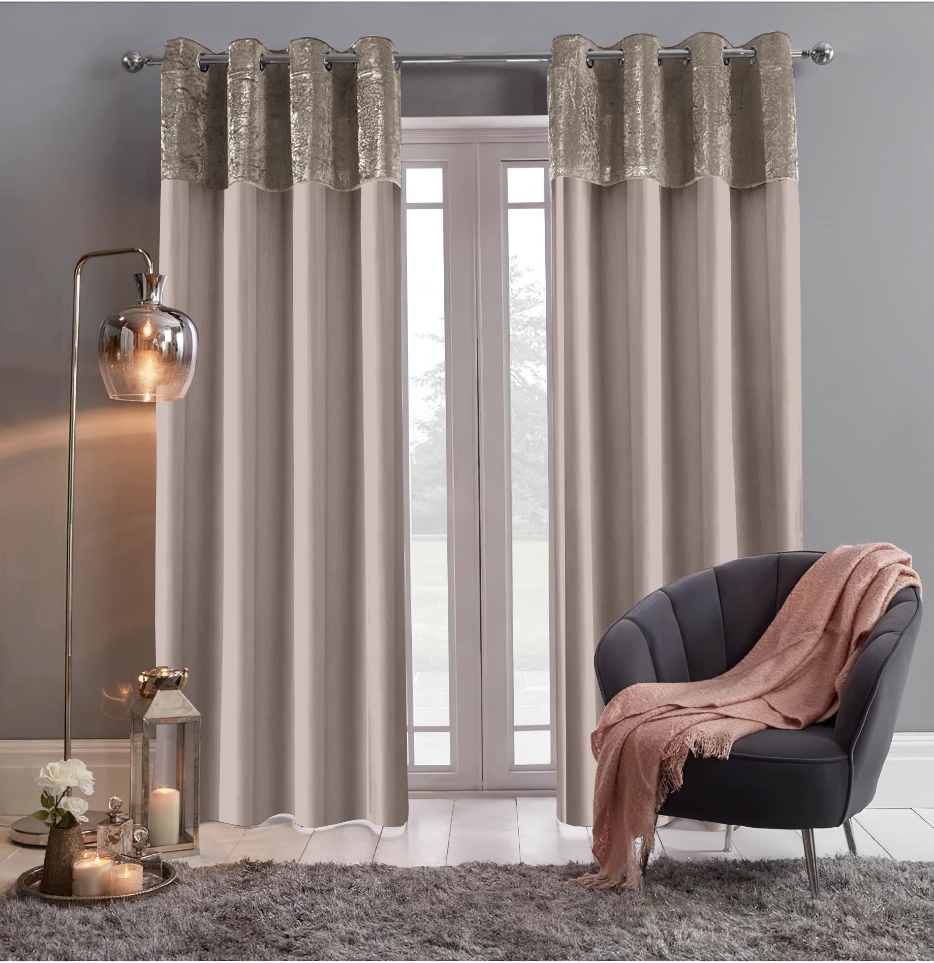 Roseley Crushed Velvet Band Curtains Eyelet Ring Top 2 Panels Fully Lined Faux Silk Window Treatment Elegant Solid Colours (46 x 54'' Mink Beige)
