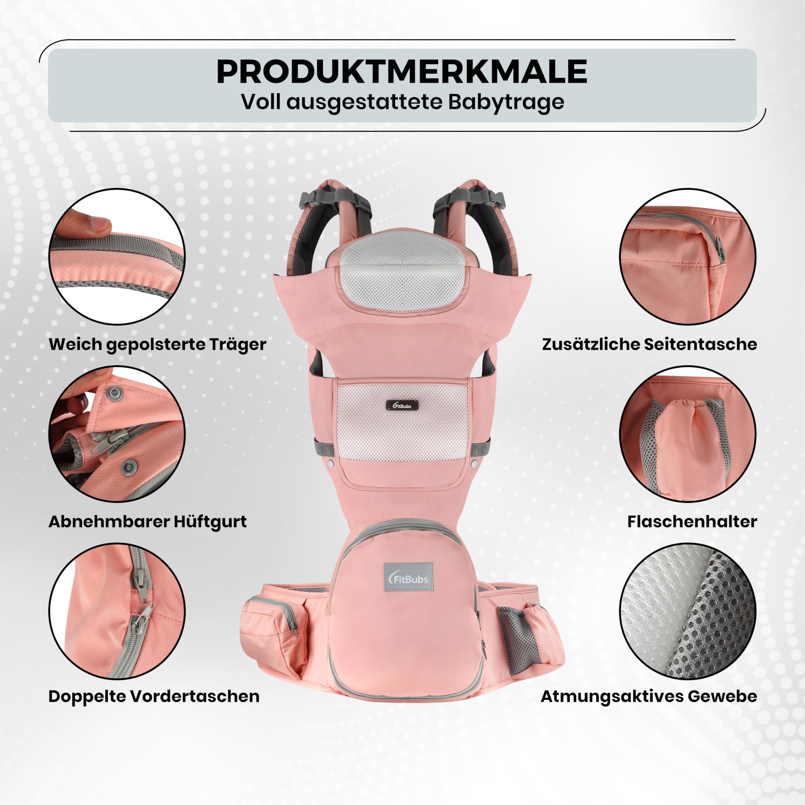 Babytrage für Neugeborene ab Geburt, 2-in-1 mit Hüftsitz, Ergonomische Tragehilfe für 3–36 Monate, 3–20 kg, Atmungsaktiv, Rosa