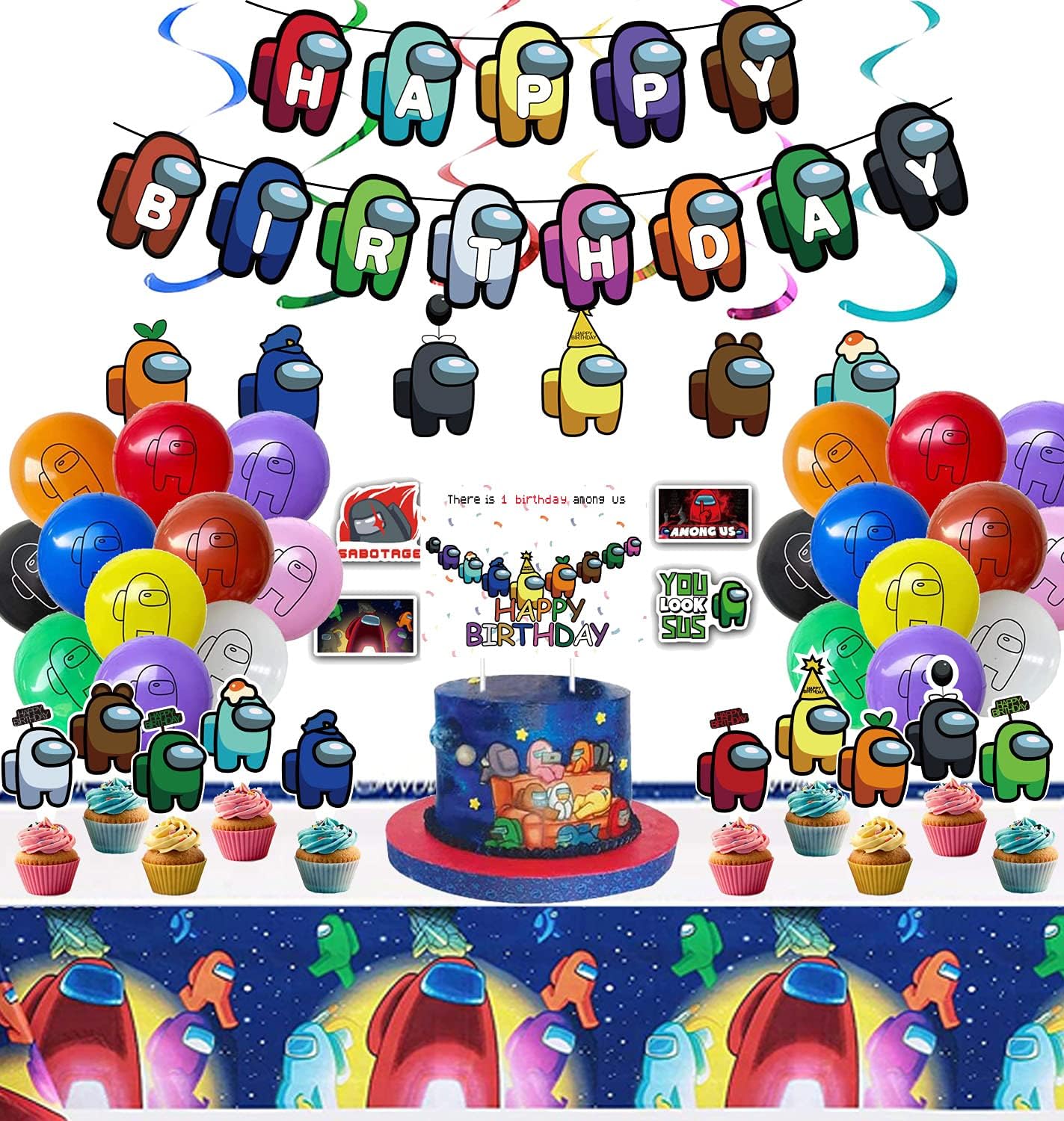 partyGO Birthday Party Decorations Set Include Banner, Hanging Swirls, Table Cloth,Balloons for Party Supplies