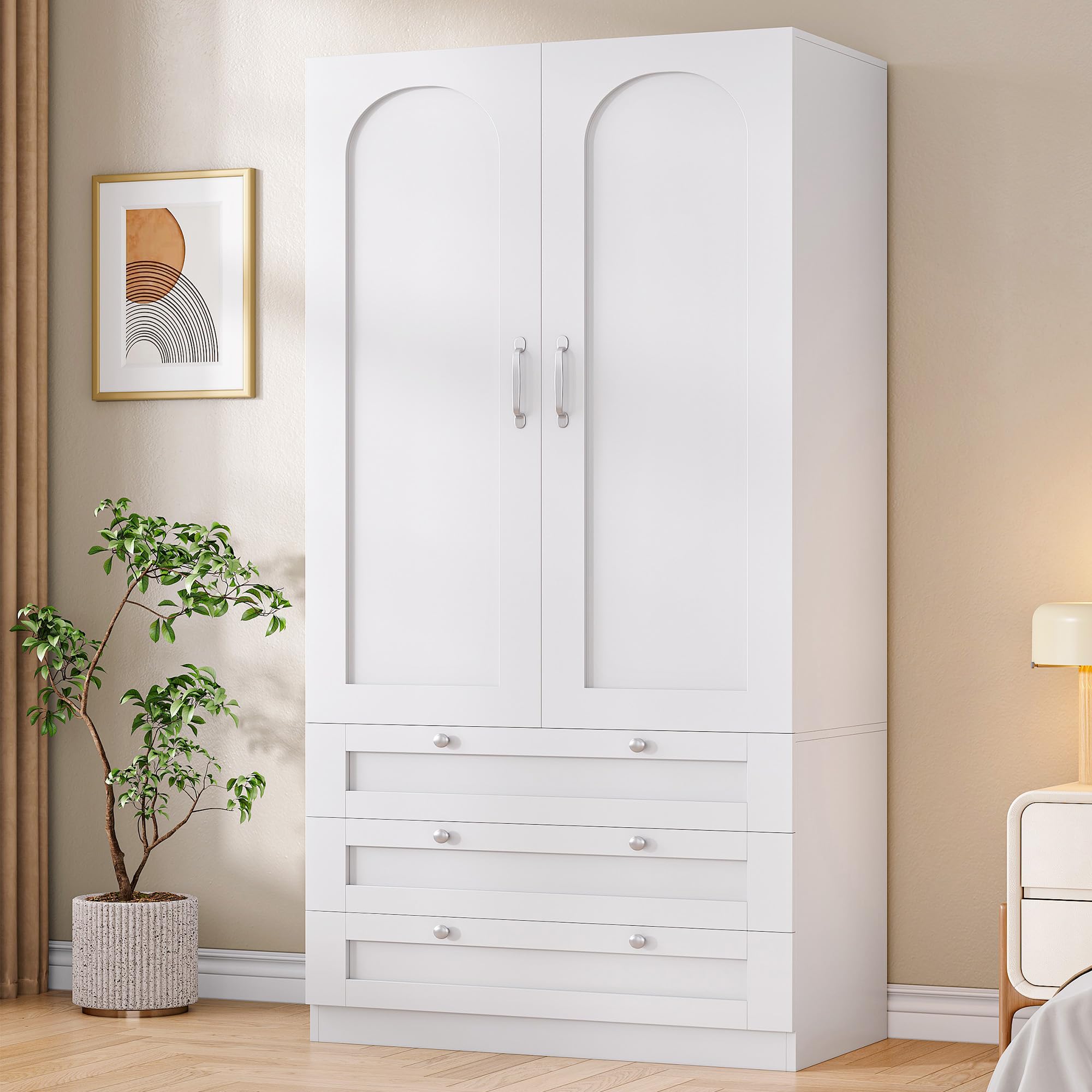Hzuaneri Kleiderschrank 180 cm, Kleiderschrank mit 2 Türen und 3 Schubladen, Drehtürenschrank mit 2 Ablagefächern und Kleiderstange，Geeignet für Schlafzimmer, Weiß, BW08803E