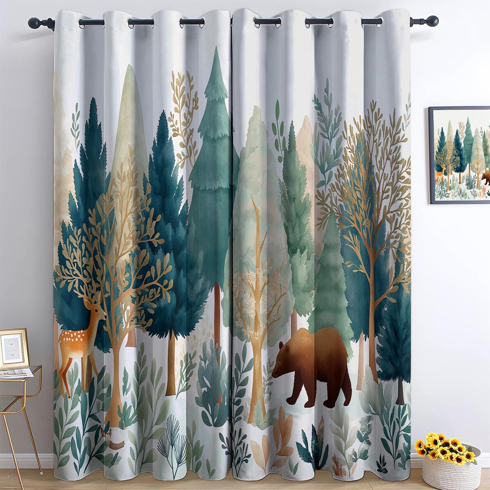 White Blackout Curtains Watercolour Forest Scene Pine Trees Bear Deer 36” W x 84” L x 2 Panels 3D Eyelet Thermal Insulated Curtains, for Kids Teens Boys Girls Bedroom Playroom