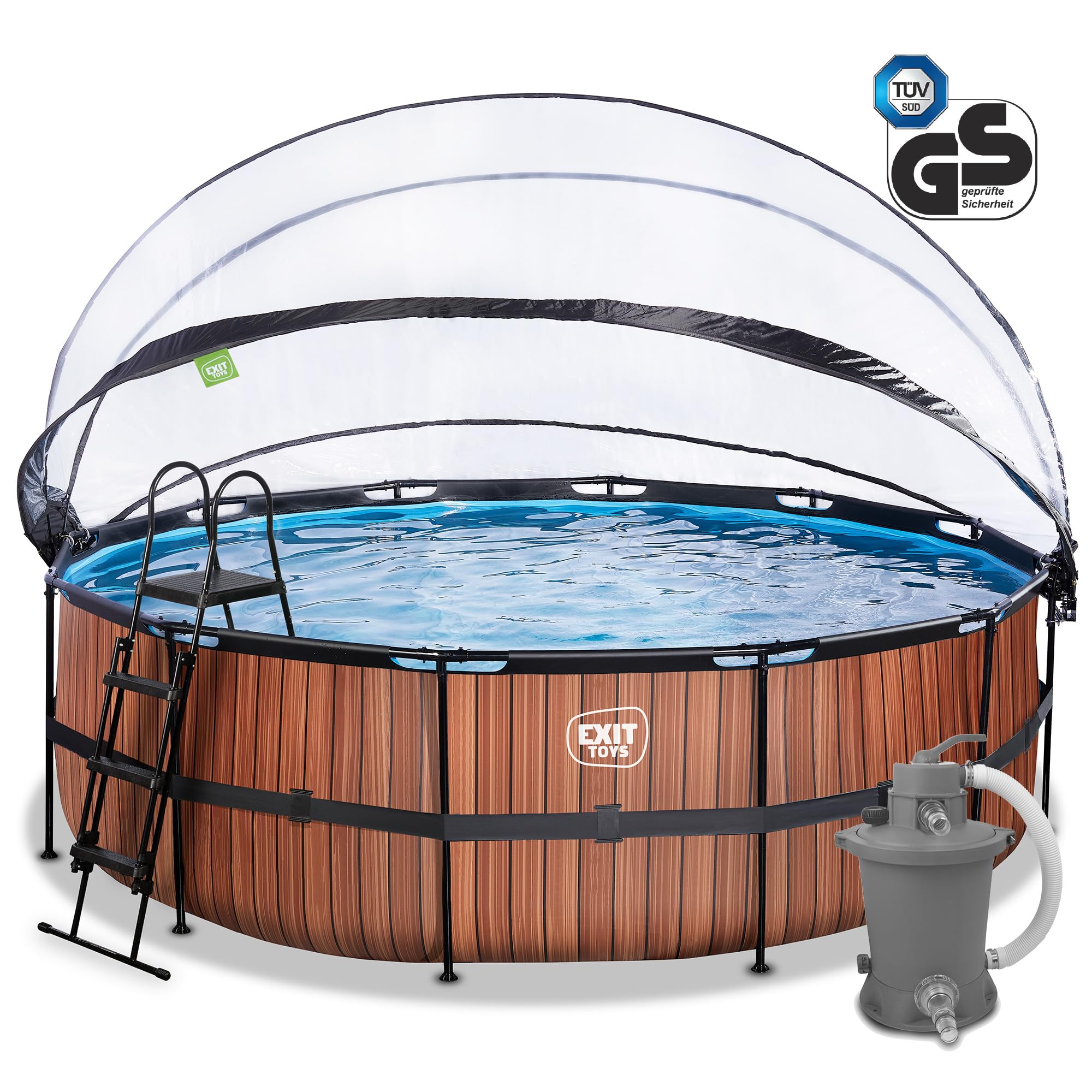 EXIT Toys Piscine Wood avec dôme multifonctionnelle - ø450x122cm - Grande piscine avec pompe à filtre à sable et échelle de piscine - Extra profonde - Pour une eau de piscine propre et chaude - Marron