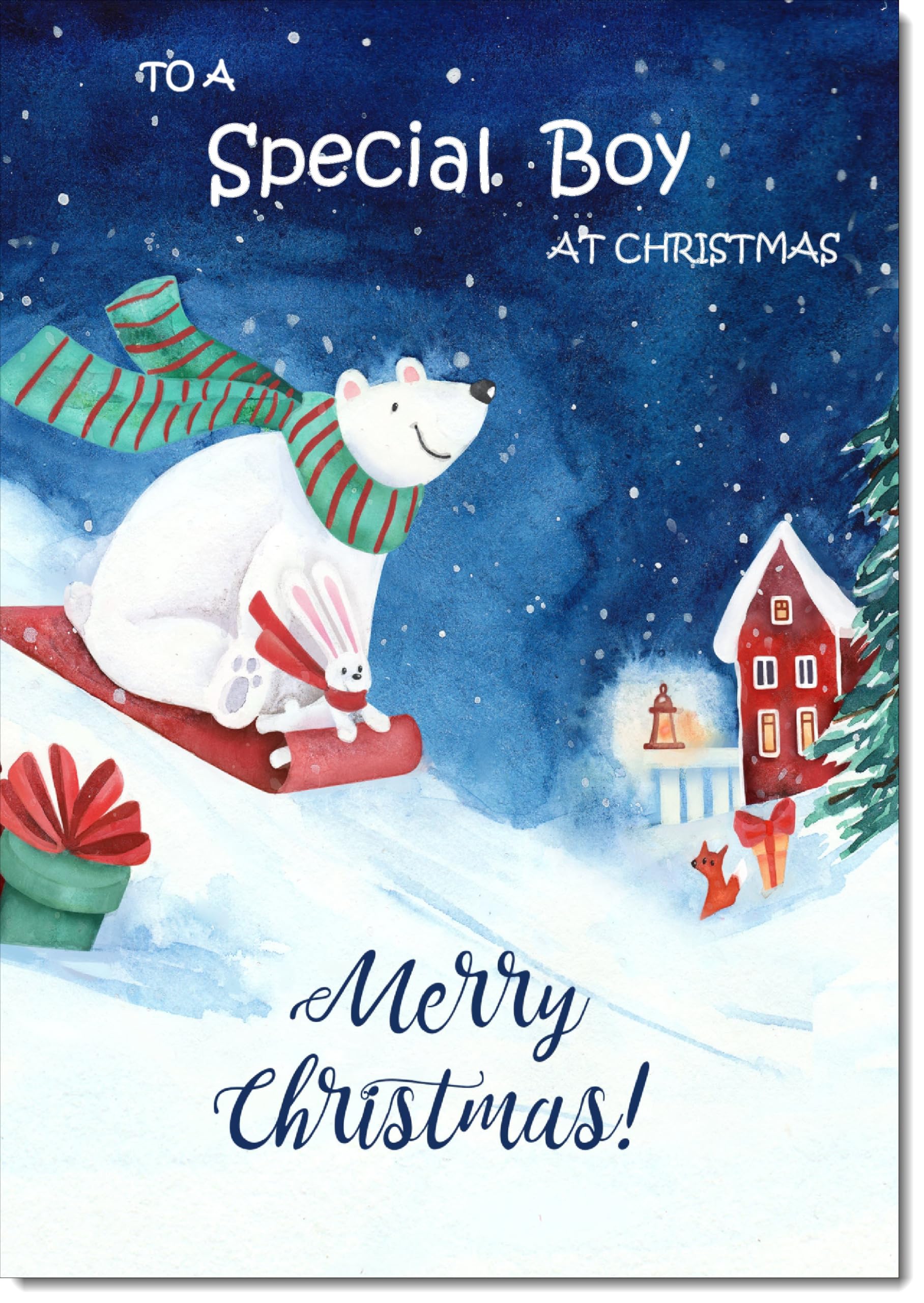 doodlecards Special Boy Christmas Card Bear on Sled Large A4 Size Christmas Card for Special Boy with Plain Envelope