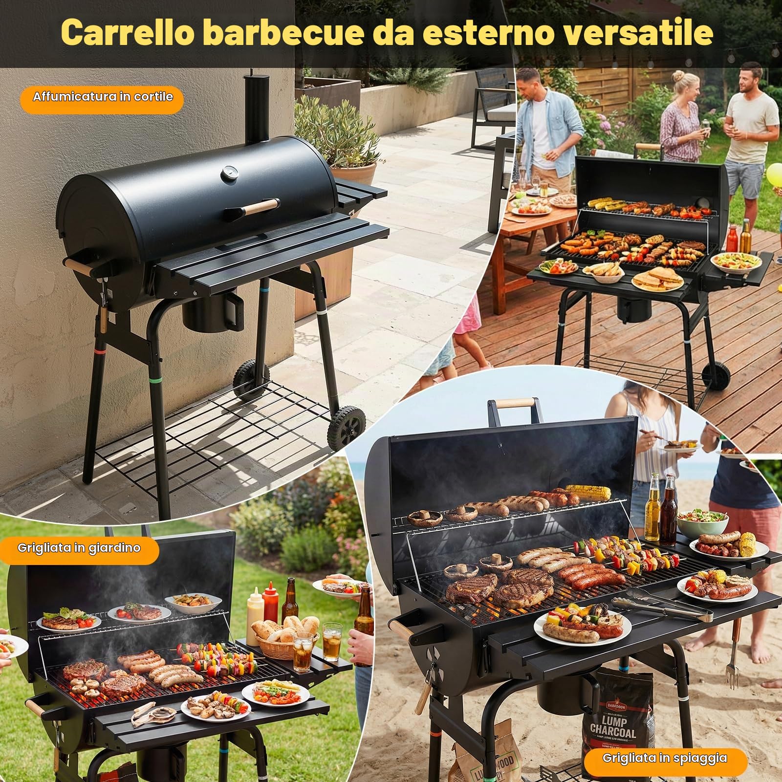 TLSUNNY Barbecue a Carbone con Coperchio, Barbecue da Giardino con Camino, Termometro, 2PCS Ruote, Fessure di Ventilazione Regolabili, Affumicatore BBQ Smoker per Giardino, Terrazzo, Campeggi