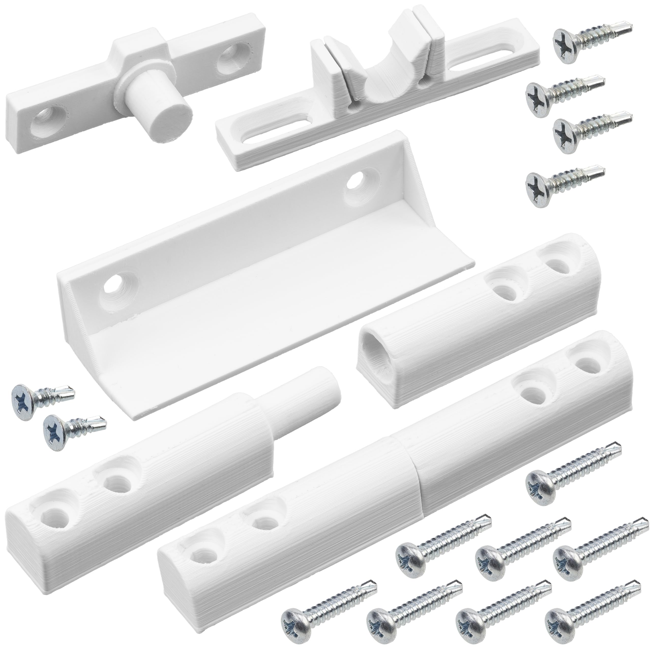AERZETIX - Kit di accessori per telaio zanzariera: 2 cerniere, 1 maniglia, 1 chiavistello in plastica bianca + 14 viti autofilettanti (Ø3.9x22 mm, Ø3.9x13 mm, Ø3.9x16 mm)