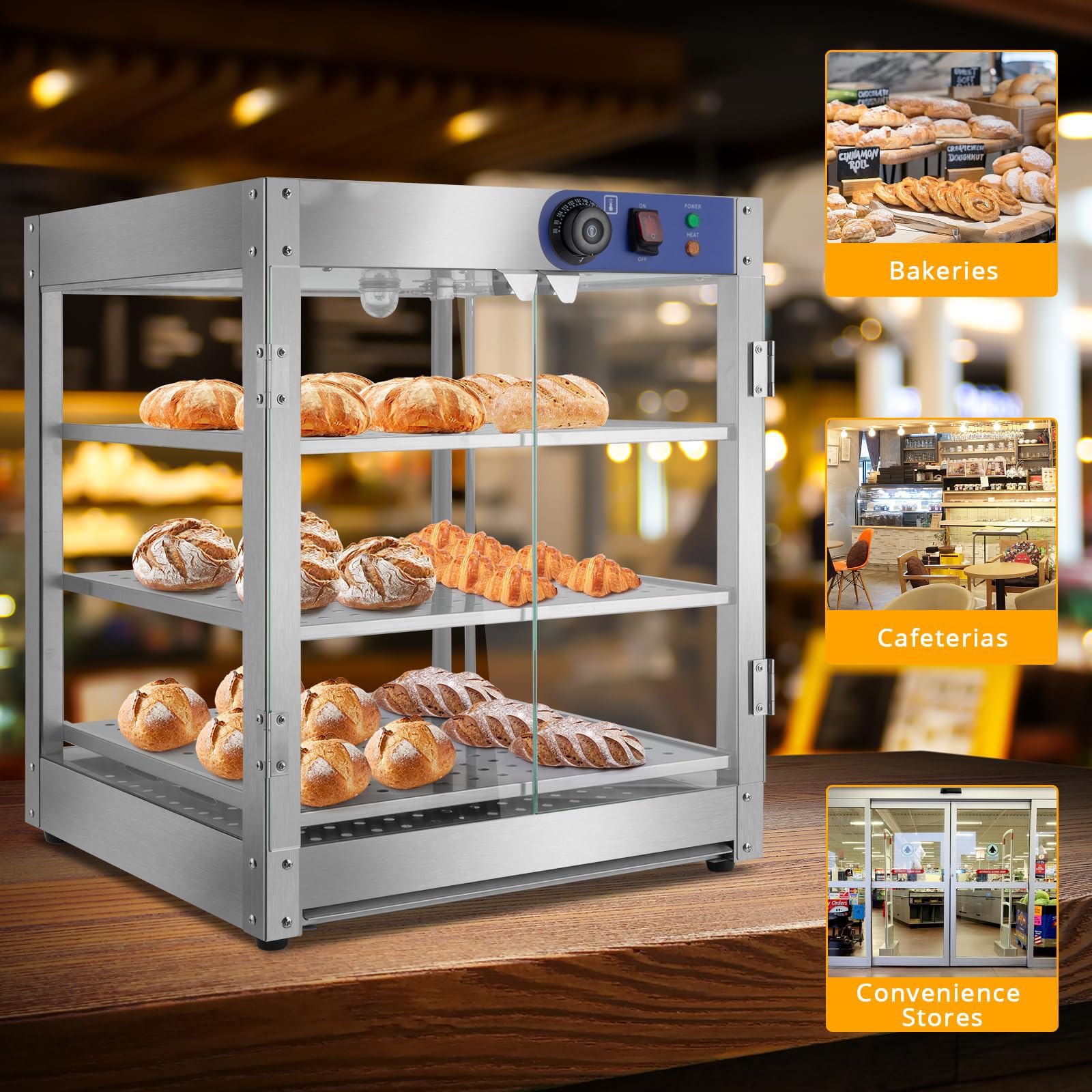 Vetrina riscaldante per Pizza a 3 Livelli, scaldavivande Elettrico da banco Professionale da 800 W con Illuminazione a LED, Ripiani Rimovibili, sportello in Vetro, vetrina per Pasticceria.