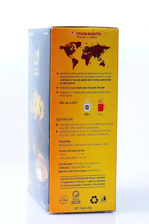 Trung Nguyen G7 Strong X2 Gu Manh 3 in 1 Instant Coffee Double Strength w/Non-dairy Creamer and Sugar Strong and Bold Instant Vietnamese Coffee (12 Single Serve Packets)