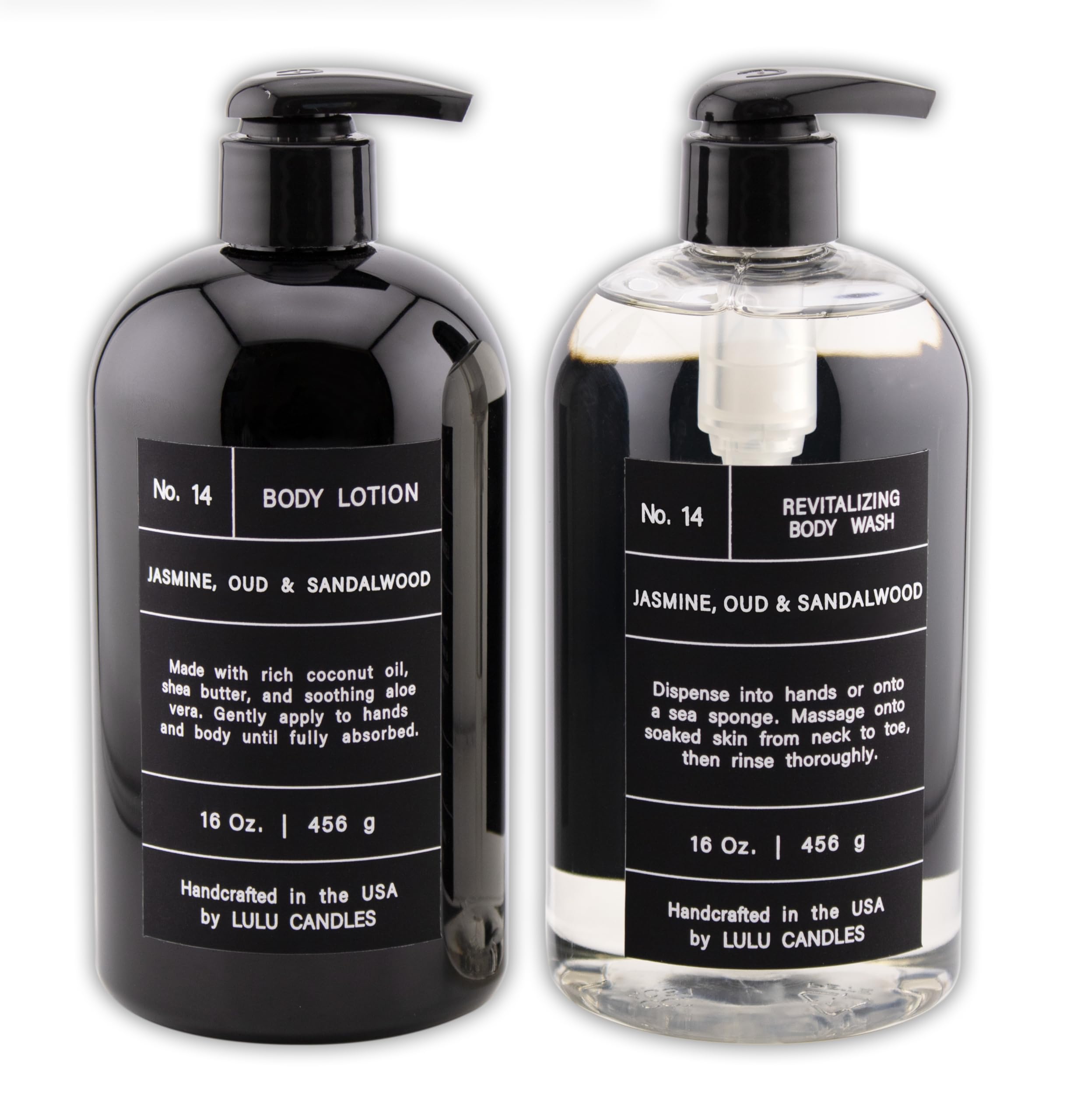 Lulu Candles, Jasmine, Oud & Sandalwood, Revitalizing Body Wash & Nourishing Body Lotion, 2-Piece Set, Full Size - 16 Fl Oz.