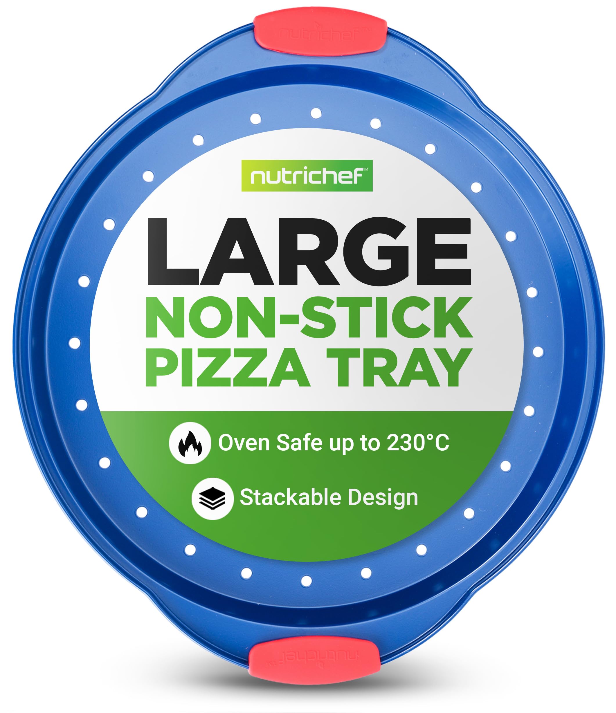 Nutrichef Non-Stick Pizza Tray for Oven, 33cm Round Carbon Steel Baking Trays with Perforated Holes, Silicone Handles, Dishwasher Safe, Pizza Stone Alternative, Blue