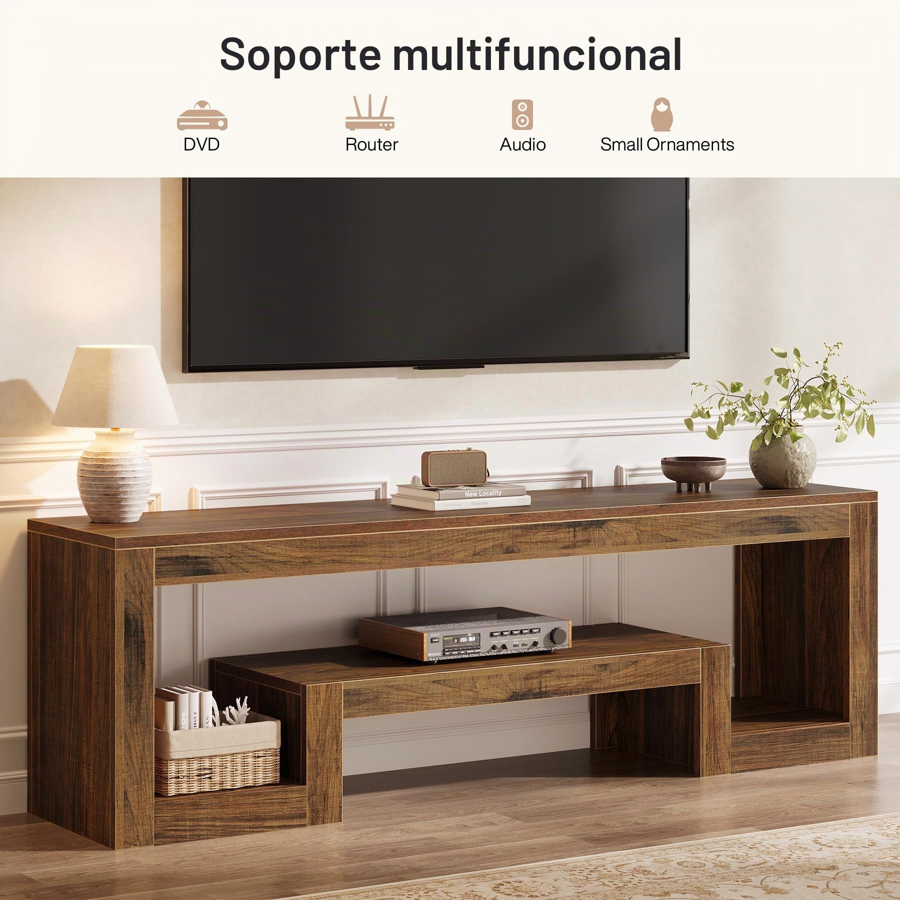 Tribesigns Mueble de TV, Mesa de TV de hasta 65 Pulgadas, 160 cm para Salón, Dormitorio, Estante Abierto, Marrón Rústico
