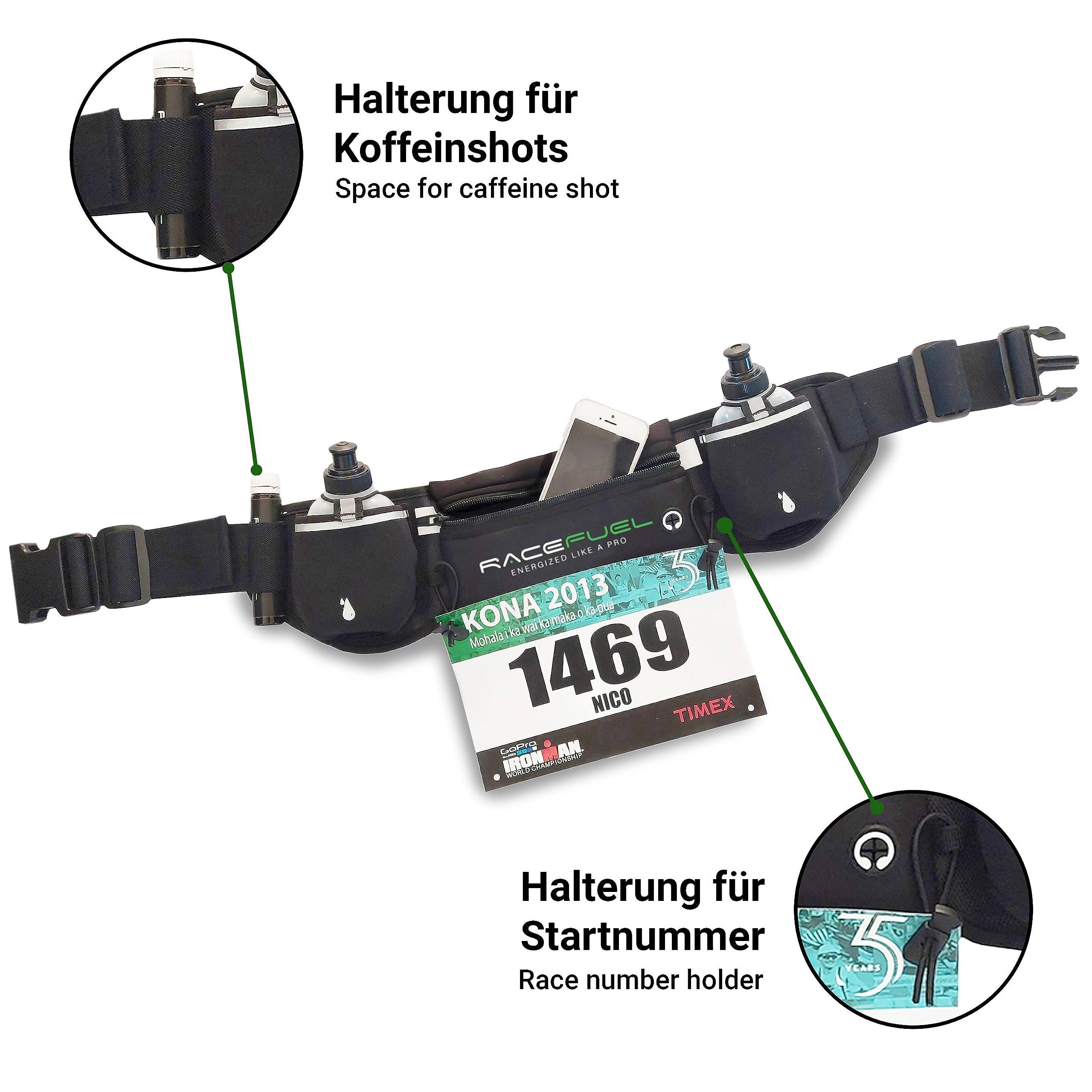 RACEFUEL Laufgürtel Trinkgürtel Gürteltasche Inclusive 2X 200ml Trinkflaschen, wasserdicht, mit Fach für Handy, ideal für Triathlon, Laufen, Fahrradfahren (schwarz)