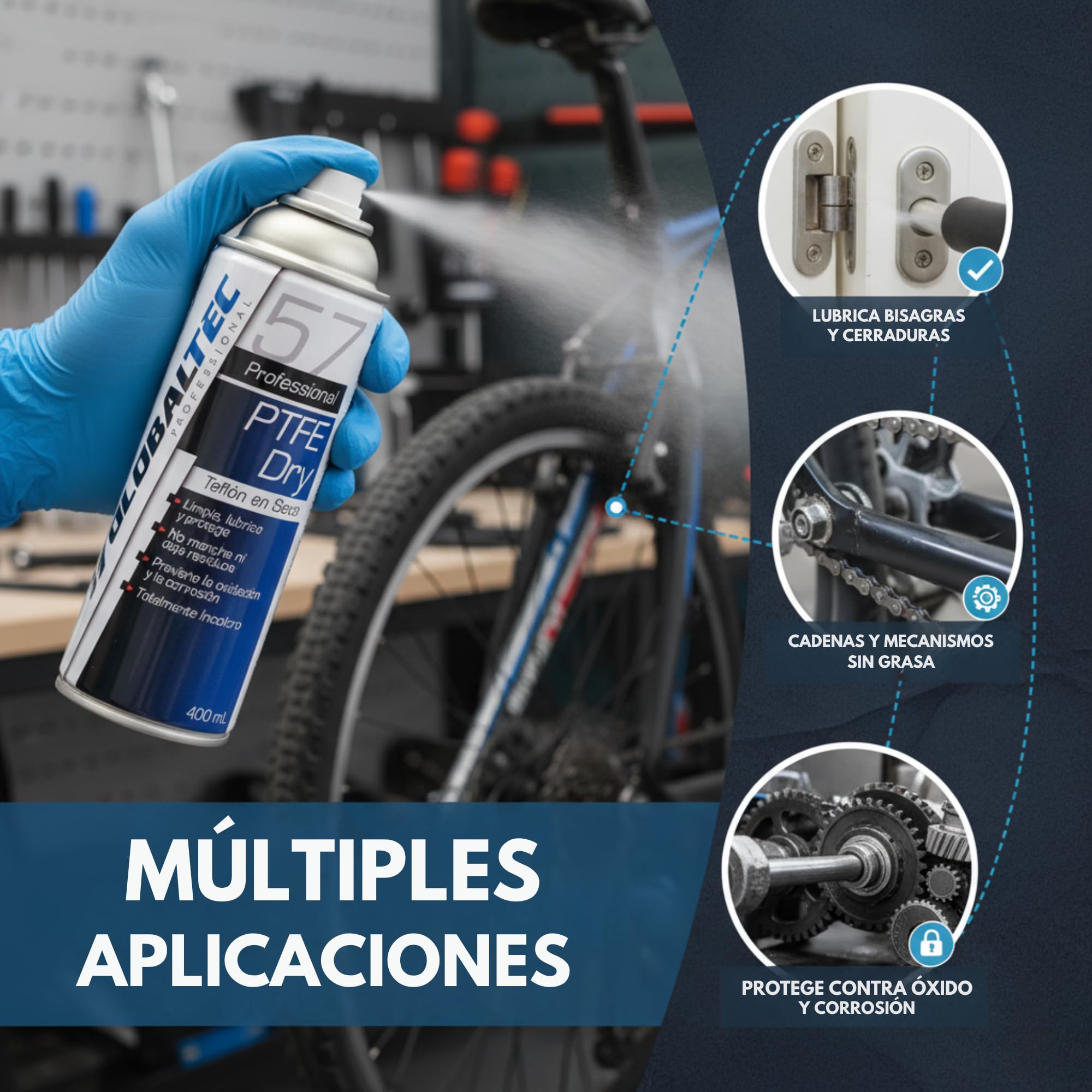 Lubricante de Teflón Seco PTFE Spray Multiusos 400 ml – No Mancha ni Atrae Polvo, Secado Rápido, Antiadherente – Cadena Bici, Cerraduras, Bisagras, Cremalleras, Impresora 3D – Globaltec Professional