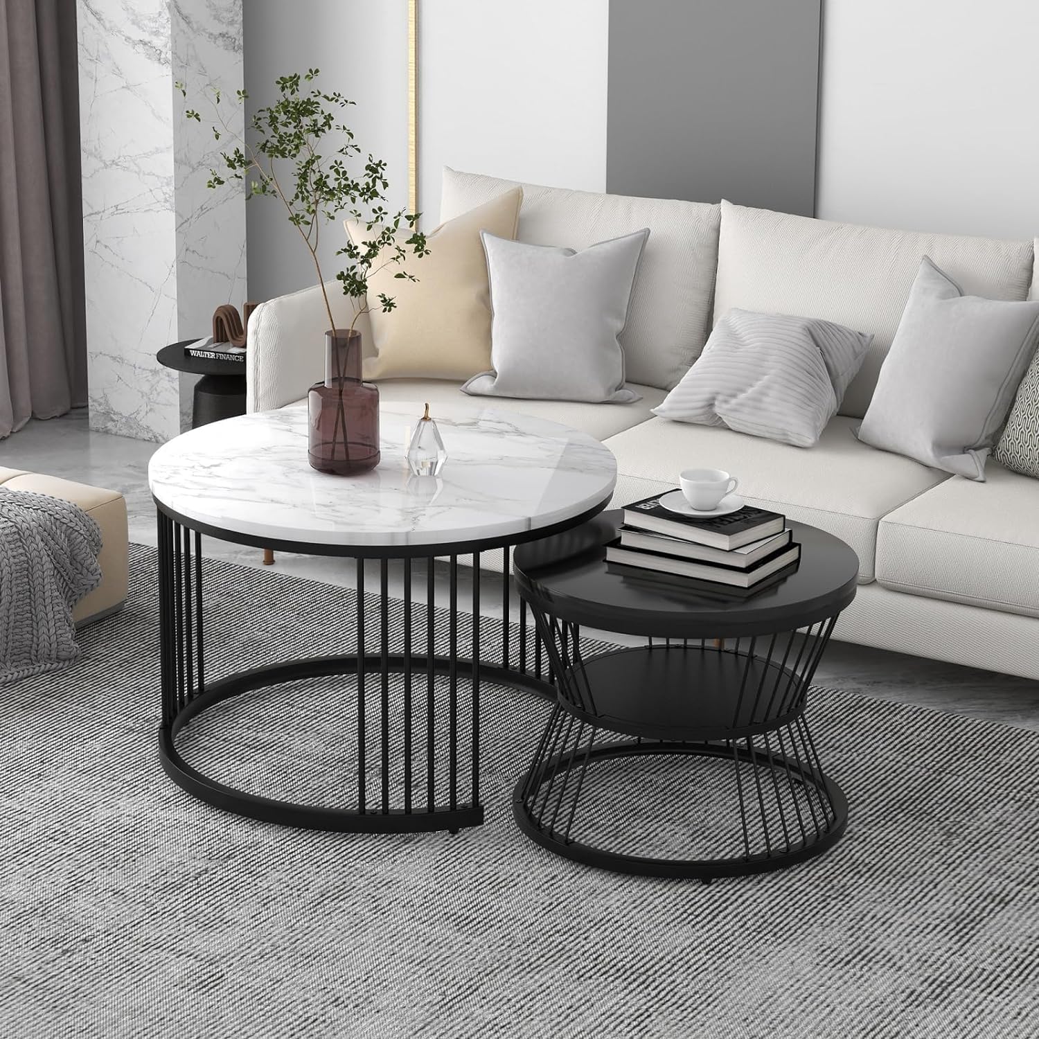 Anamino®"Sleek Stacking Coffee Table Set of 2 –20" x 20" Space-Saving Round Metal Nesting Tables, Modern & Durable Accent Furniture for Living Room, Bedroom, or Office (Black White)