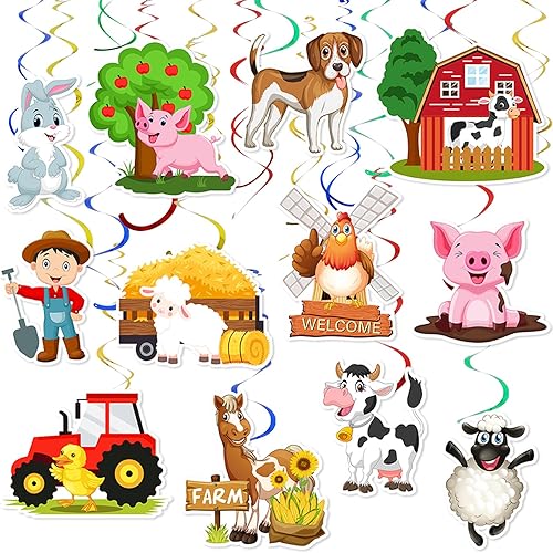 Whaline 44 remolinos colgantes de animales de granja, remolinos colgantes para decoración de techo de fiesta temática de granja, remolinos coloridos