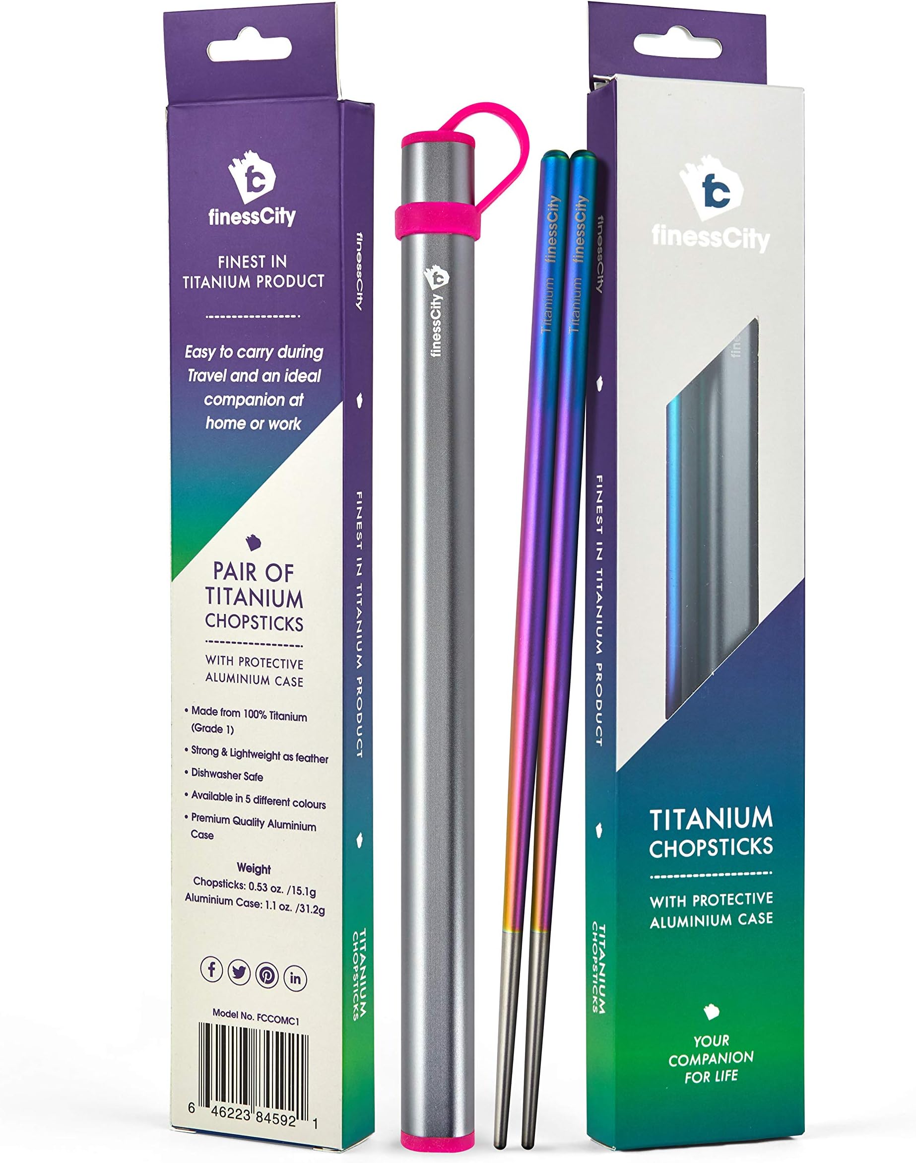finessCity Chopstick, 1 Pair of Titanium Chopsticks Ultra Lightweight (Ti), Super Strong Pair of Chopsticks Comes with Aluminium Case (Multi Color)