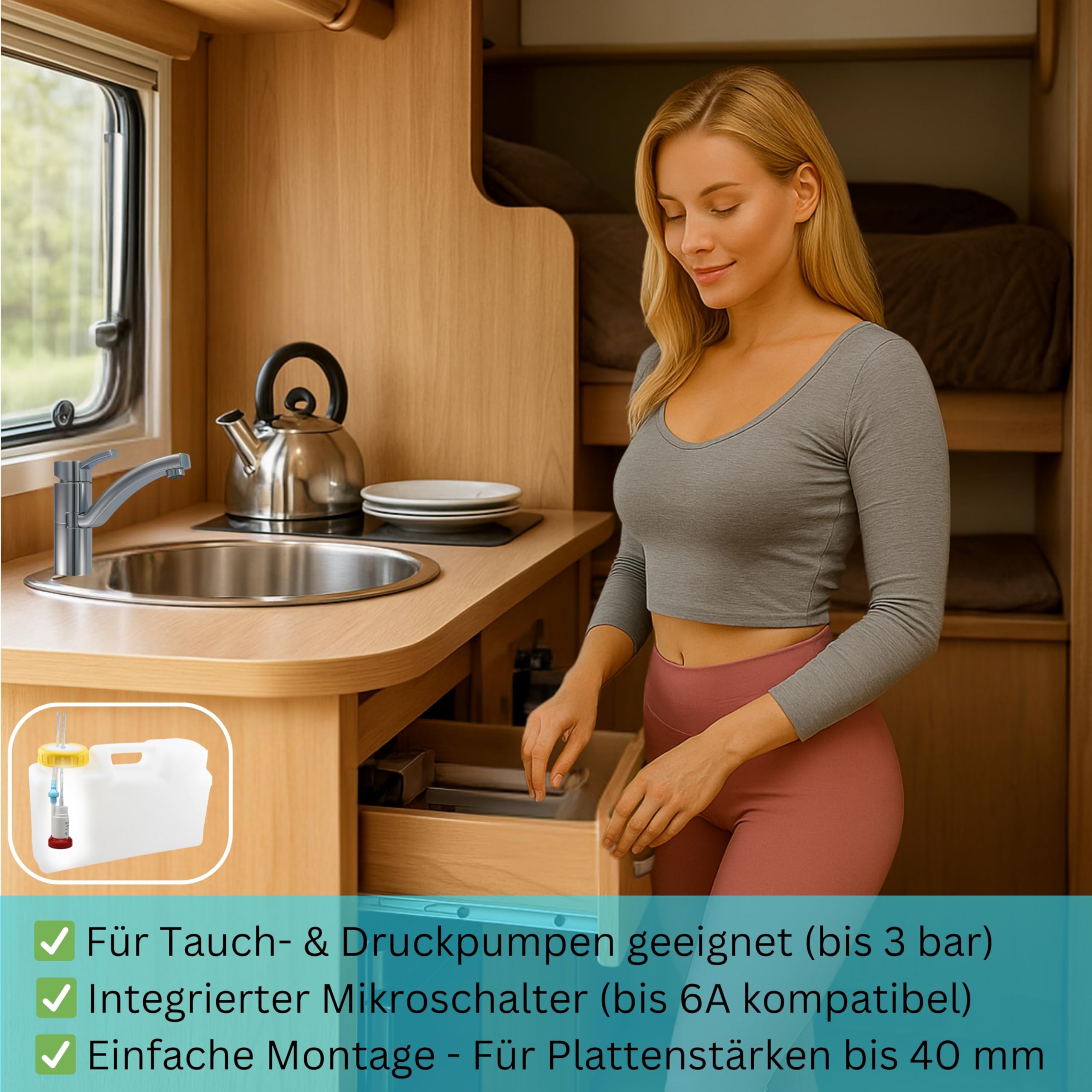 Comet Capri - Miscelatore monocomando per camper, 12 V, cromato, con microinterruttore, girevole a 90°, per roulotte, per campeggio e roulotte, 12 V, rubinetto per camper e barca