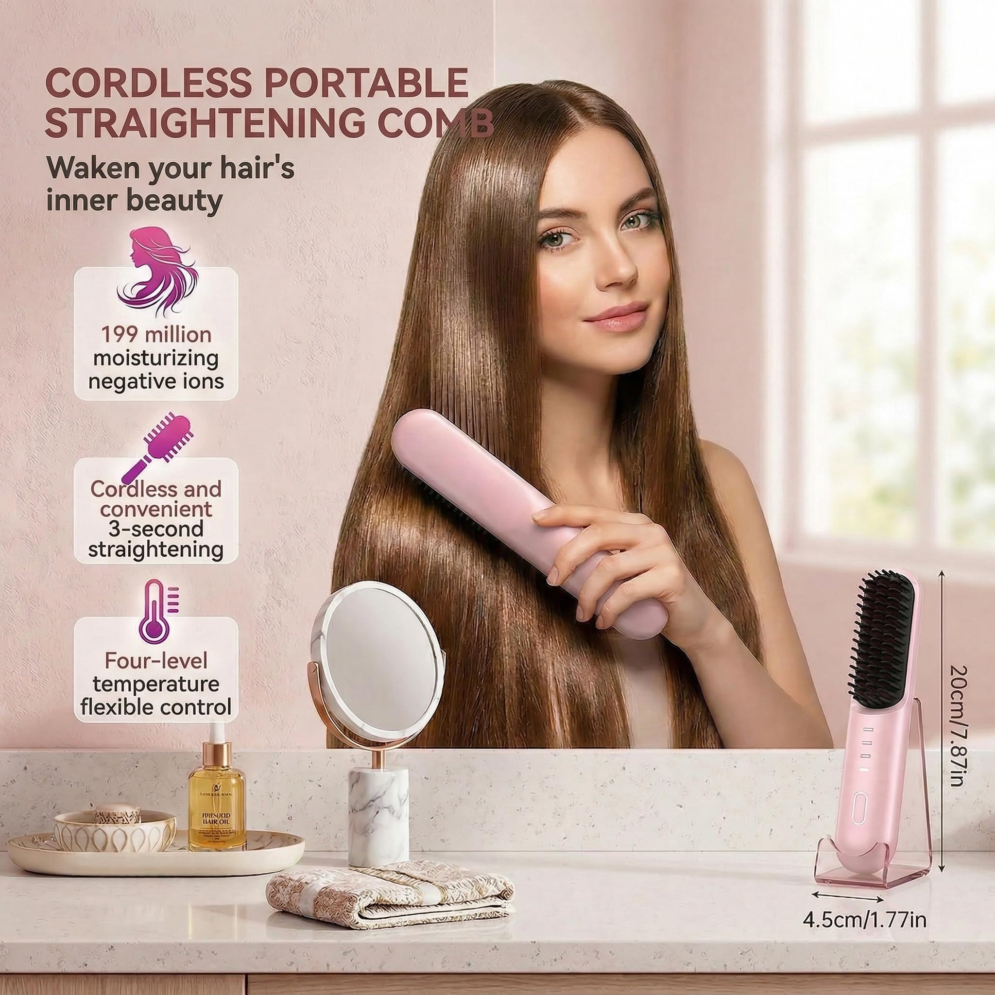 Go Brush - Pro for Short Hair - 2026 Upgraded Cordless Straightening Brush with 30s Fast Heat, 4 Temperature Settings, Ionic & Ceramic Care, 4000mAh USB-C Rechargeable for Frizz-Free Styling (Pink) - 2