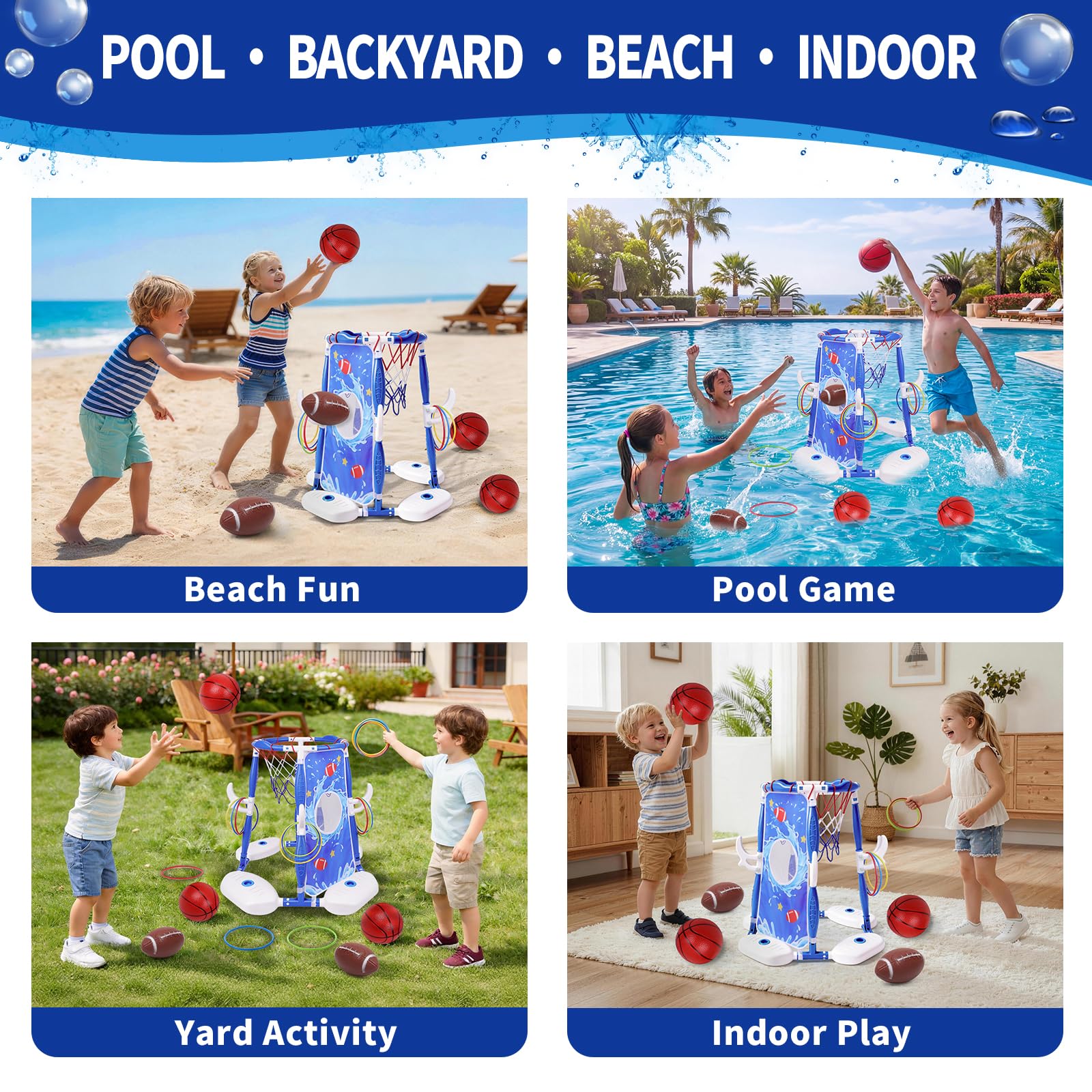 3-in-1 Schwimmender Pool Basketball Hoop Spielzeug Set mit Wasserfußball & Ringwurfspiel - Enthält 3 Basketbälle, 2 Fußbälle & 12 Ringe - Ultimatives Poolspielzeug Geschenk Kinder & Erwachsene