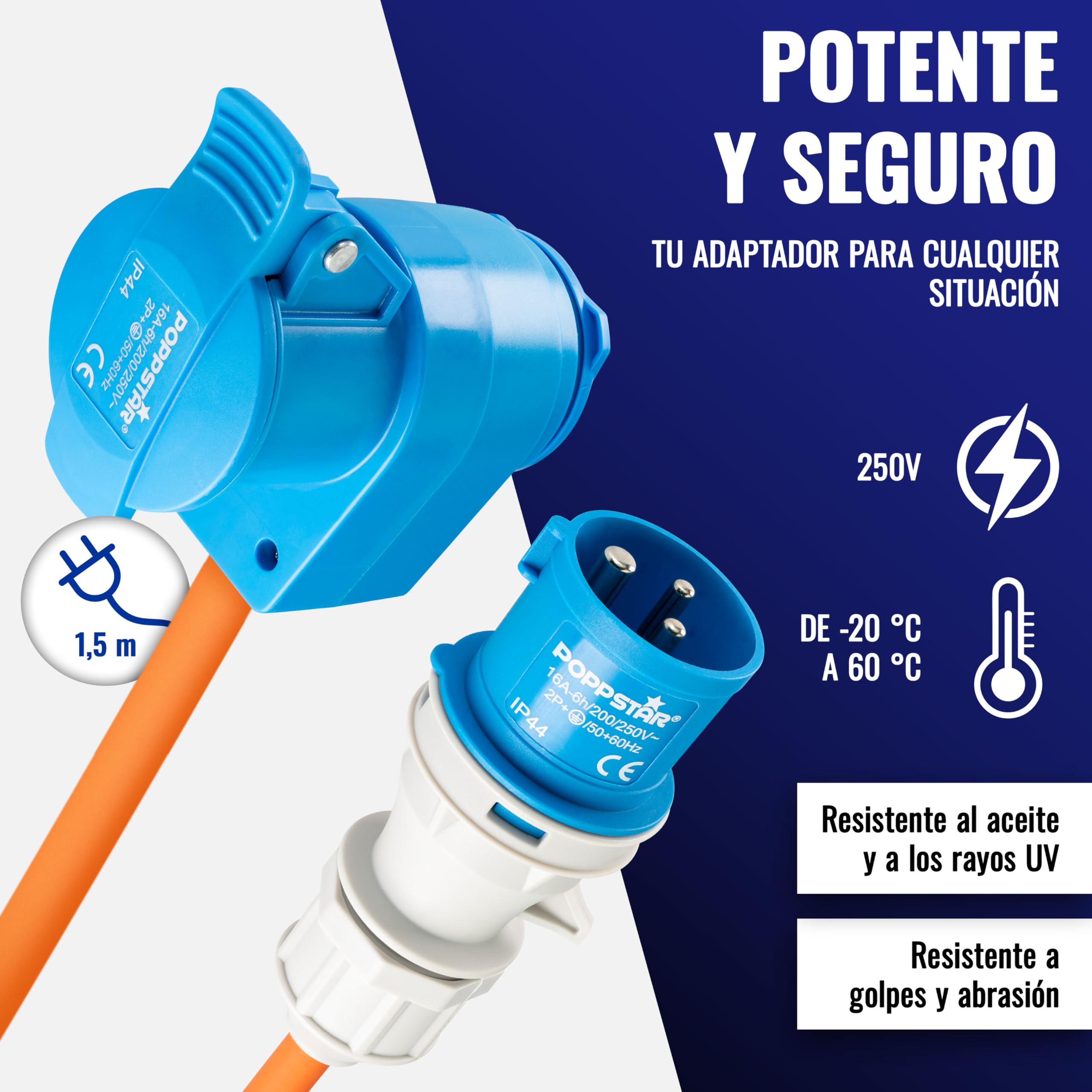 Poppstar Cable alargador CEE para camping 1,5 m con Schuko (enchufe CEE 3 polos a toma CEE + toma de contacto de protección tipo F), 230V/16A, IP44, H07RN-F 3G2.5